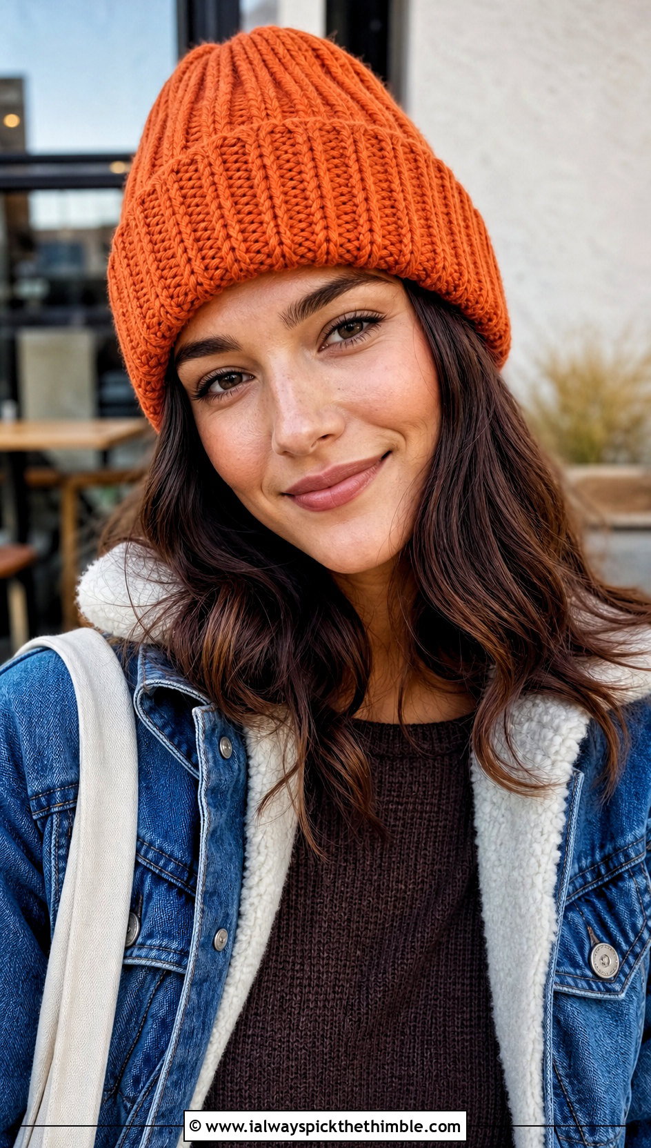 Cuffed Crochet Beanie With Denim Jacket And Corduroy Pants - 20 Warm Crochet Hat outfit ideas
