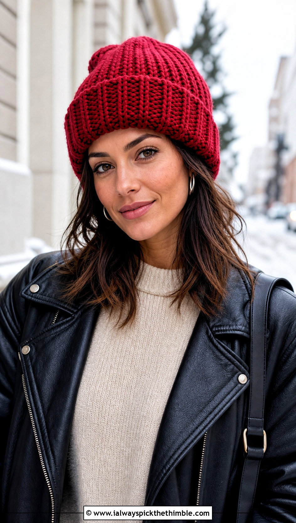 Cuffed Crochet Beanie With Leather Jacket - 20 aesthetic crochet hat ideas