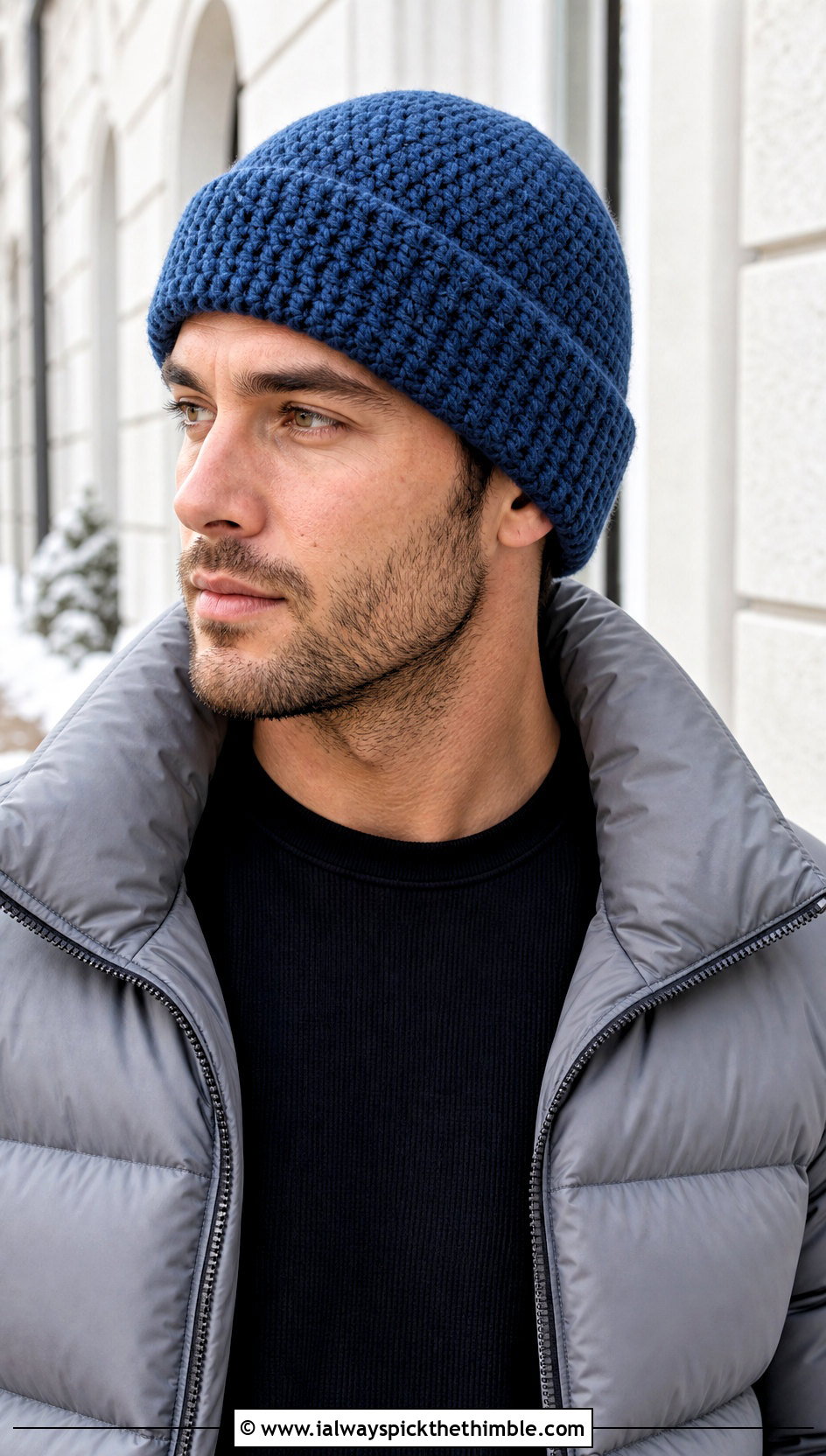 Cuffed Crochet Beanie With Puffer Jacket - 15 Easy Crochet Mens Hat outfit ideas