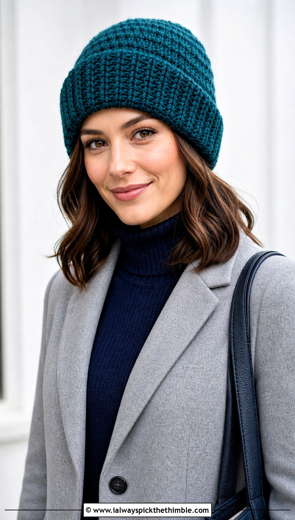 Cuffed Crochet Beanie With Tailored Coat - 20 Quick Crochet Beanie outfit ideas