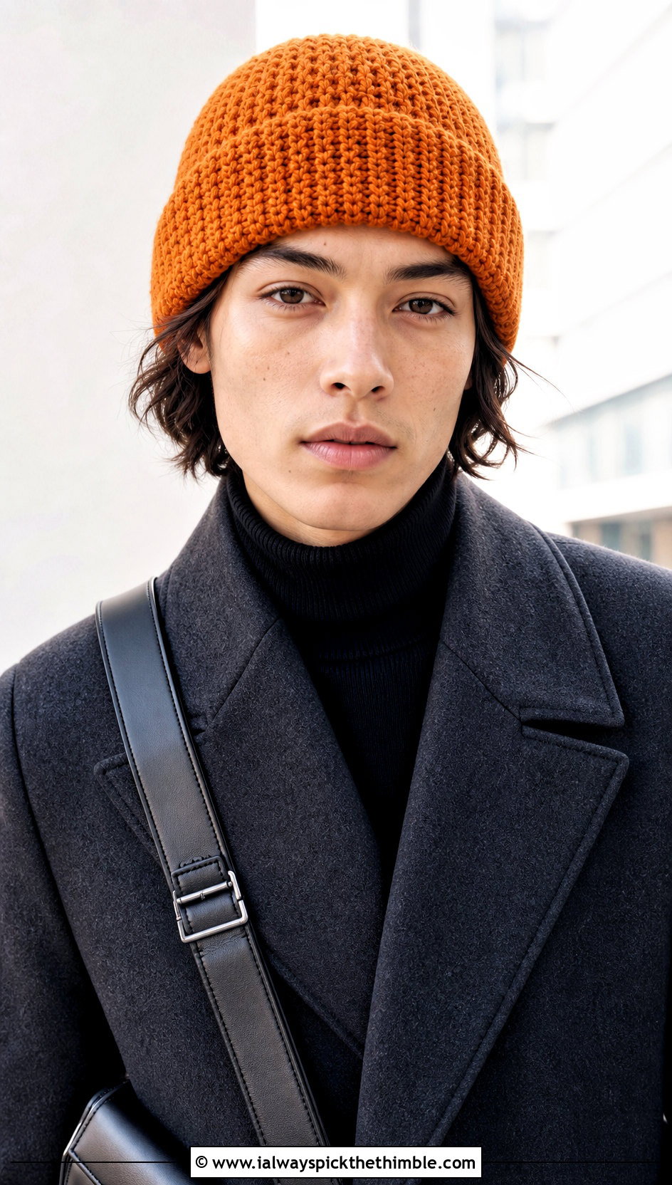 Cuffed Crochet Beanie With Tailored Overcoat - 20 Unisex Crochet Hat outfit ideas
