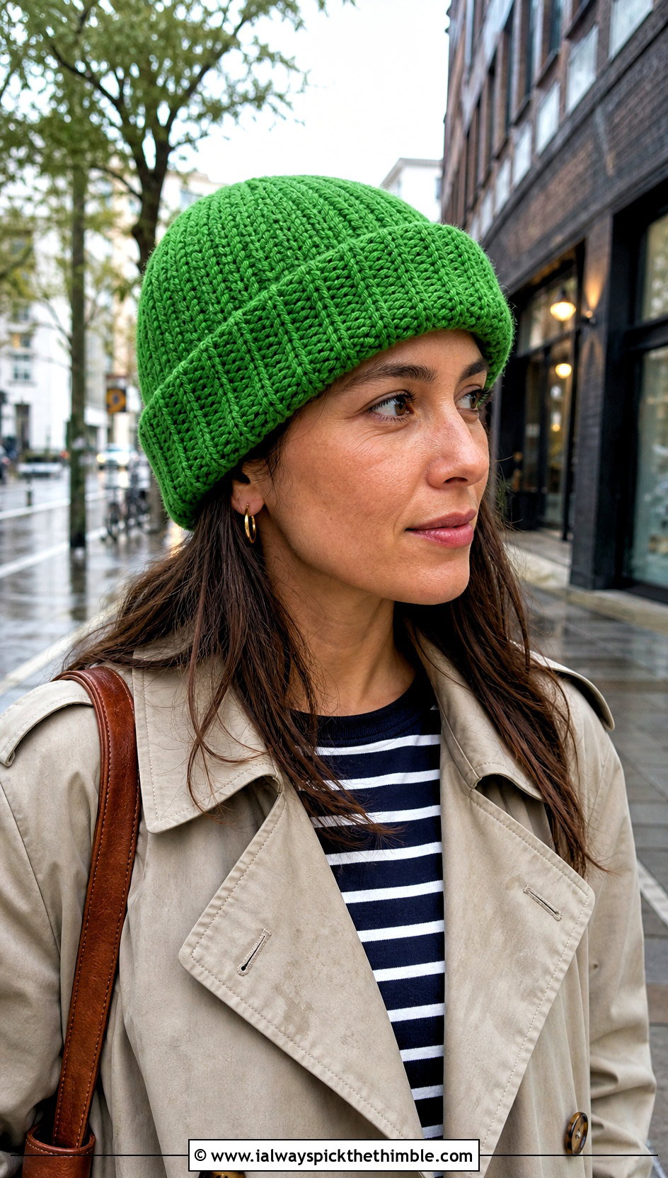 Cuffed Crochet Beanie With Trench Coat - 20 Cute Crochet Hats outfit ideas