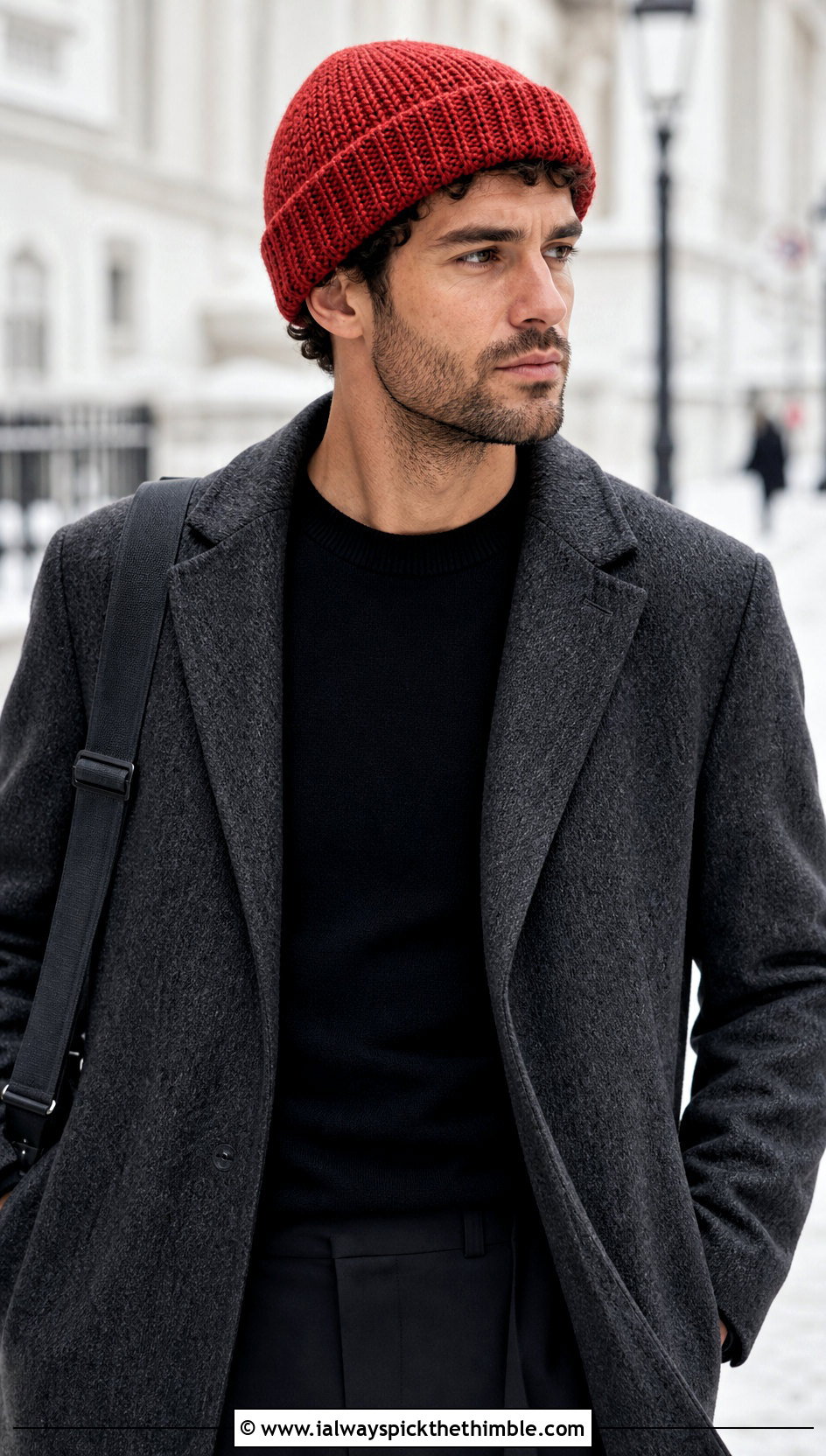 Cuffed Crochet Beanie With Wool Coat And Trousers - 25 crochet hat for man outfit ideas
