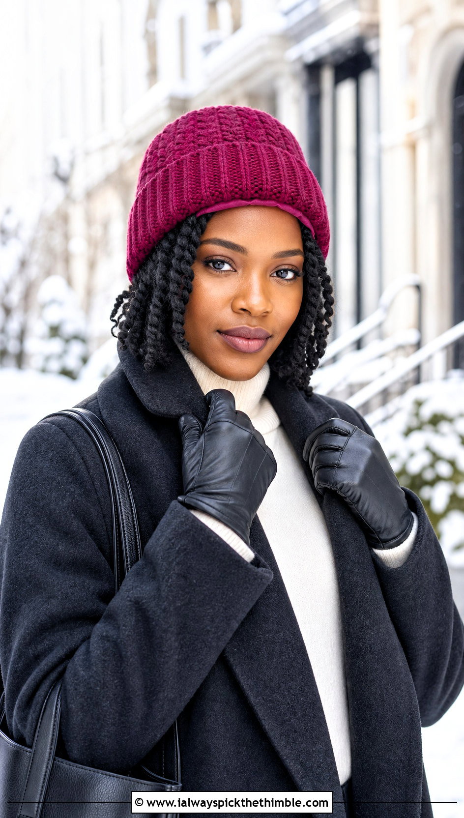 Cuffed Crochet Beanie With Wool Coat - 20 crochet hats black women outfit ideas