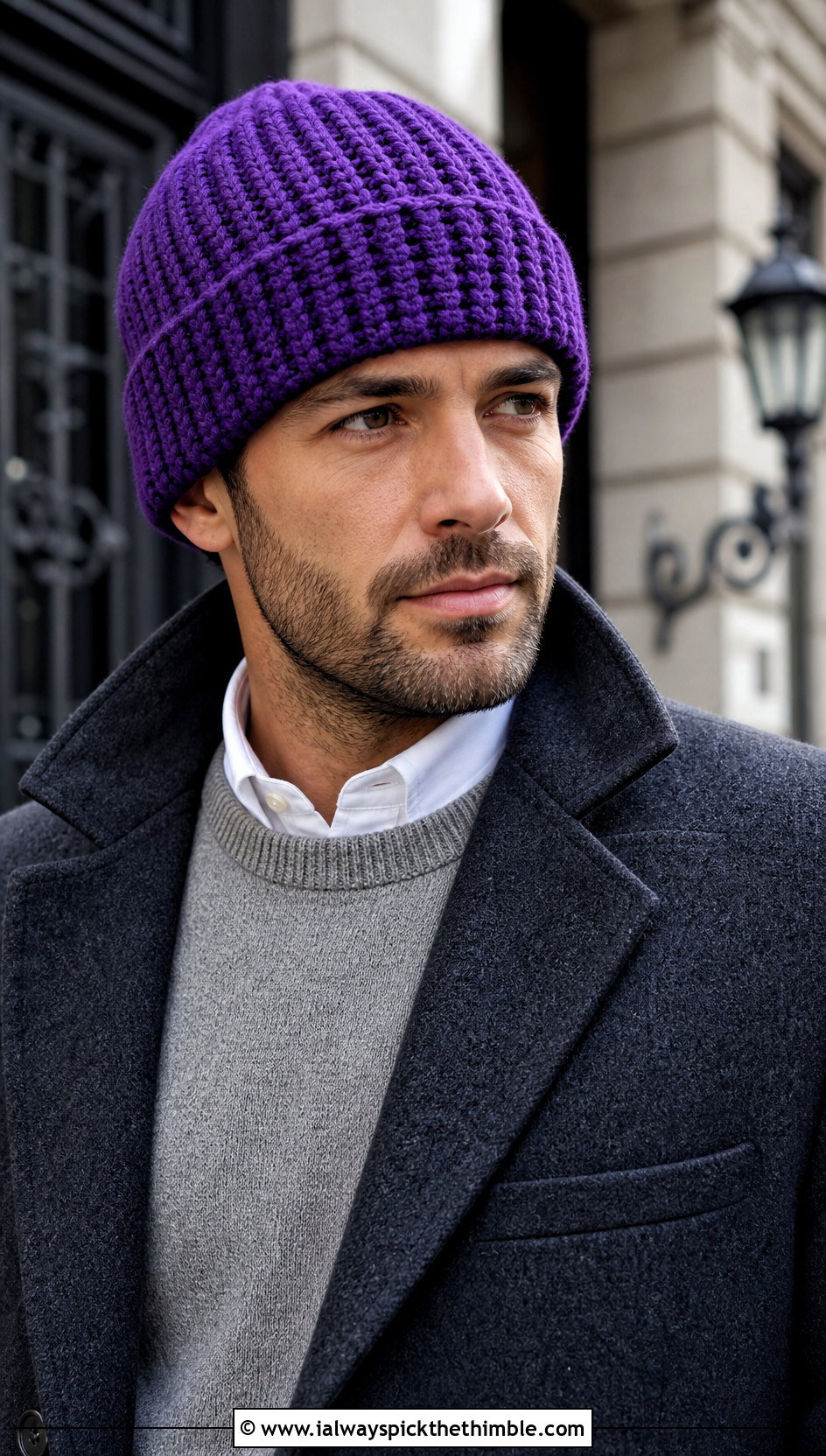 Cuffed Crochet Beanie With Wool Overcoat - 25 crochet hat men outfit ideas