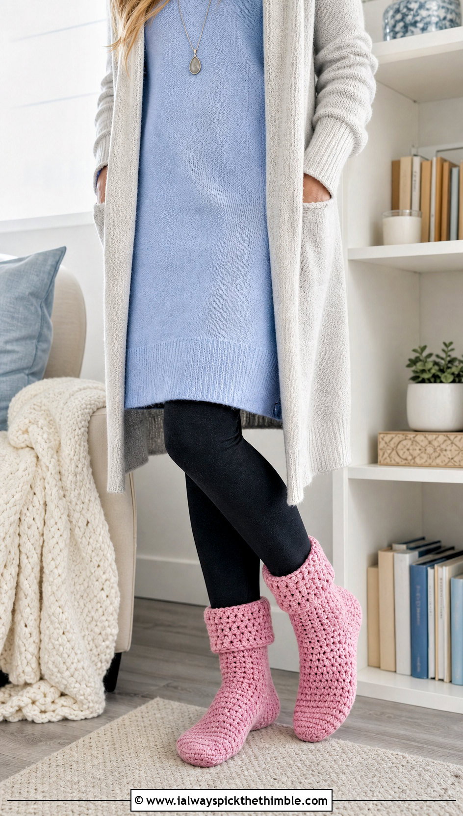 Cuffed Crochet Bed Socks With Sweater Dress - 25 crochet bed socks outfit ideas