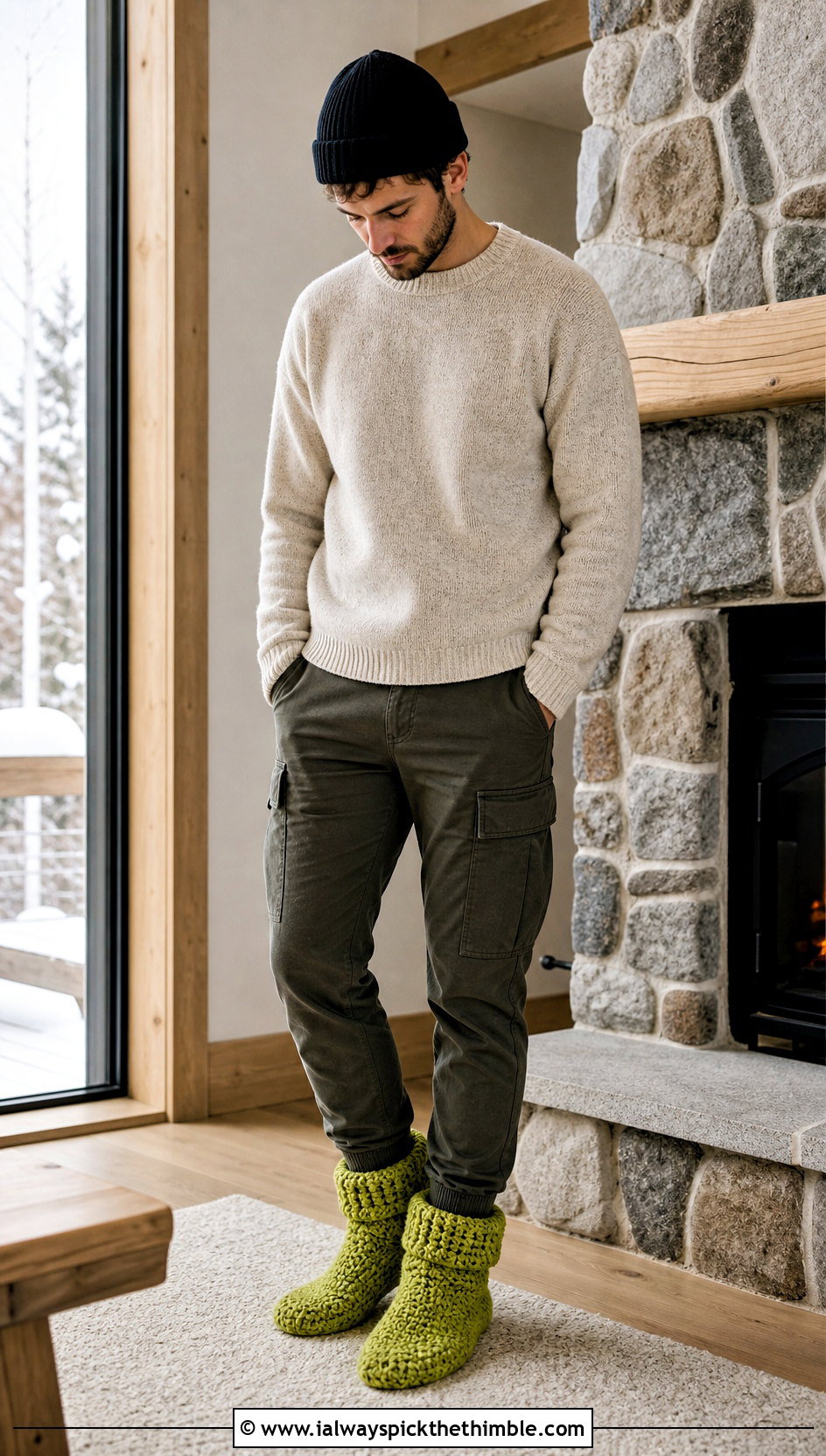 Cuffed Crochet Bootie Slippers With Cargo Pants And Sweater - 15 Easy Crochet Mens Slippers outfit ideas