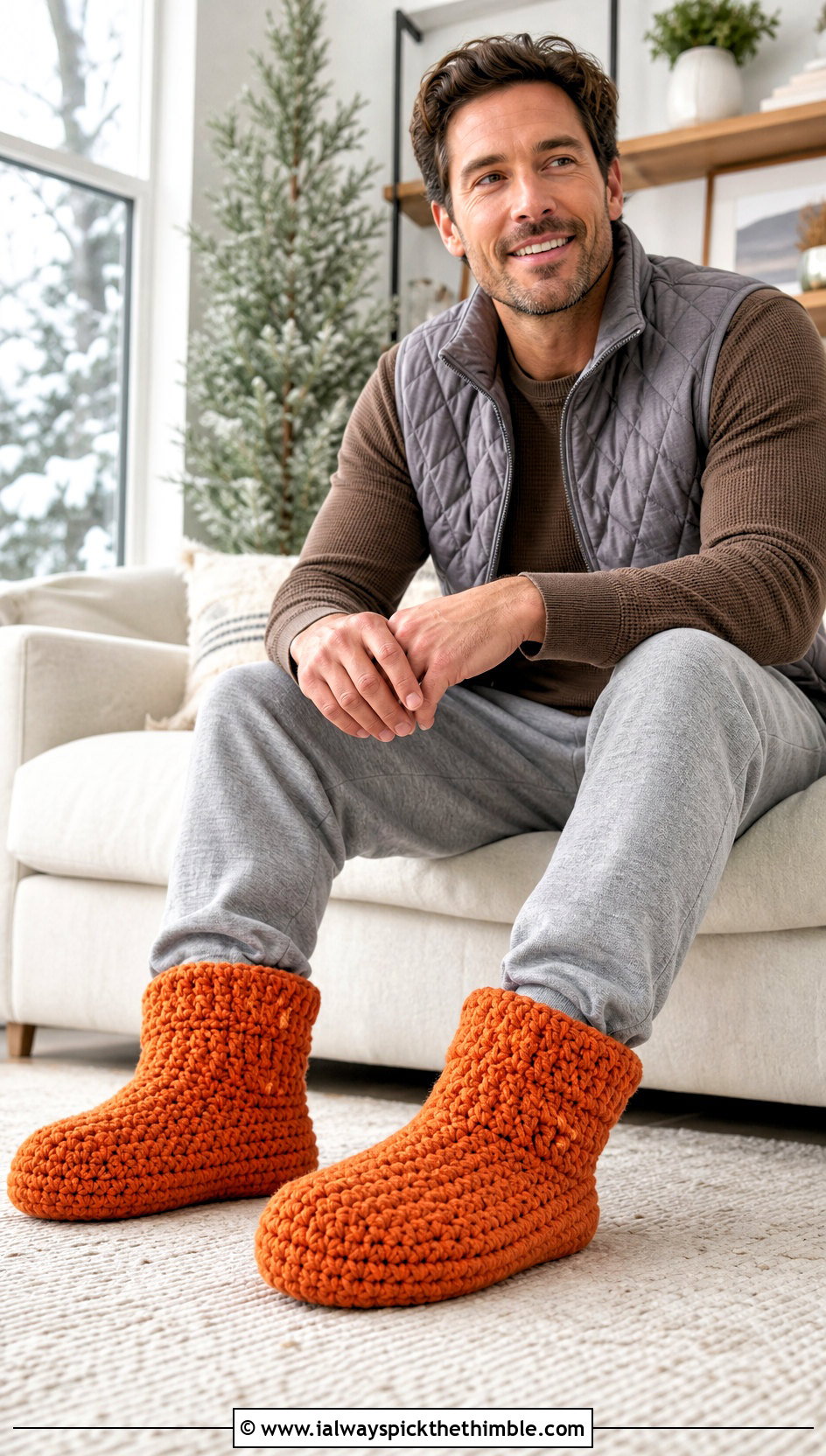Cuffed Crochet Bootie Slippers With Winter Jogger Outfit - 20 crochet slippers for men outfit ideas