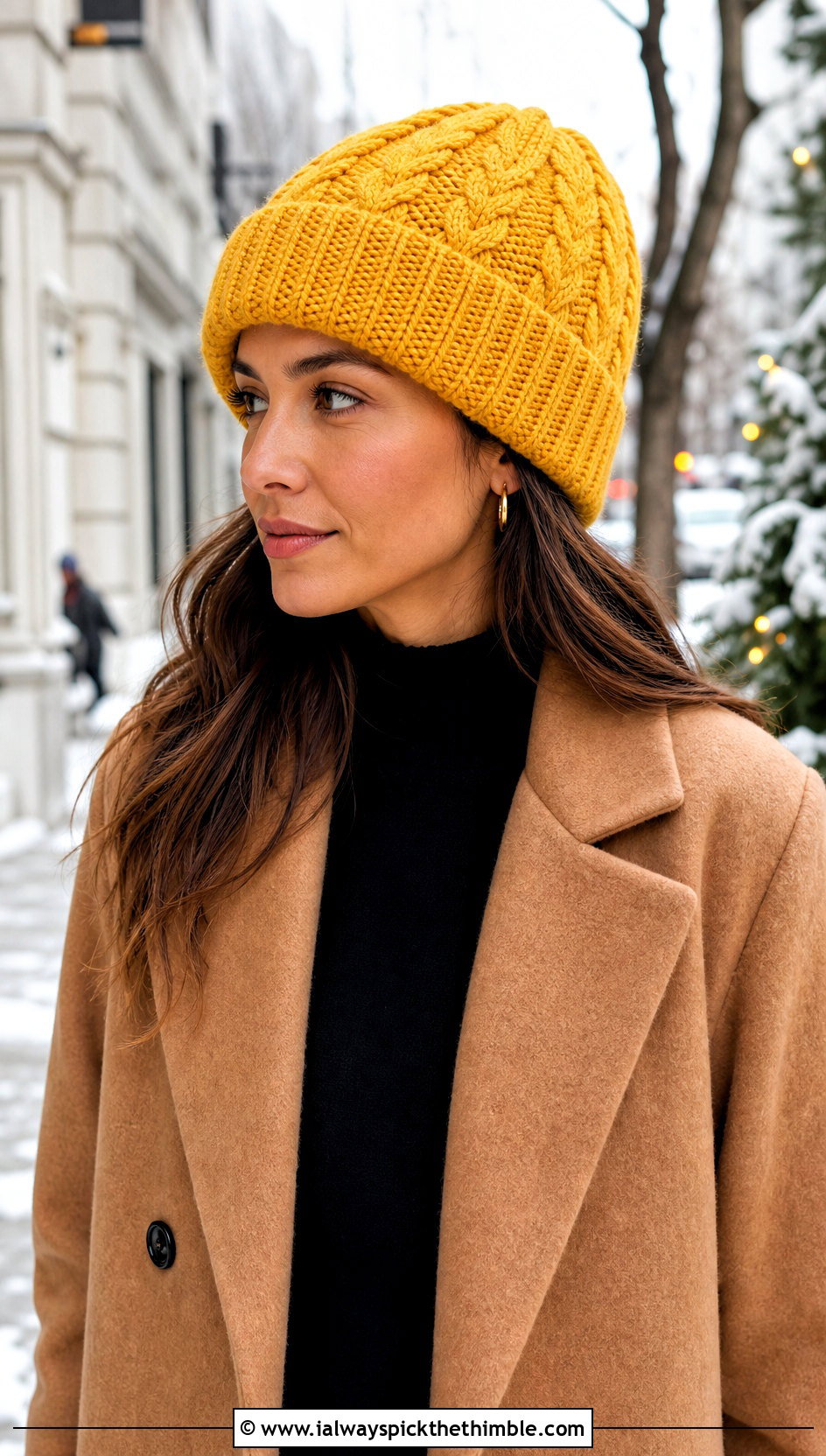 Cuffed Crochet Cable Beanie With Wool Coat And Straight Jeans - 20 crochet cable beanie outfit ideas