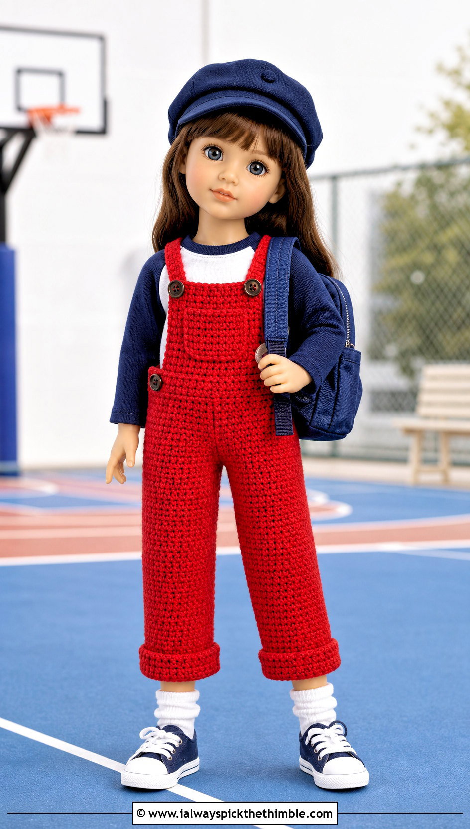 Cuffed Crochet Doll Overalls With Baseball Tee - 20 crochet doll overalls outfit ideas