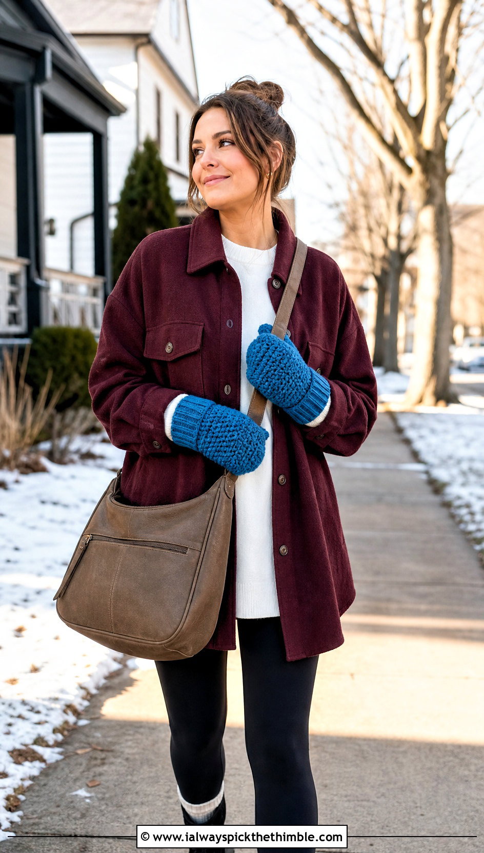 Cuffed Crochet Mittens With Shacket And Leggings - 25 crochet hand gloves outfit ideas