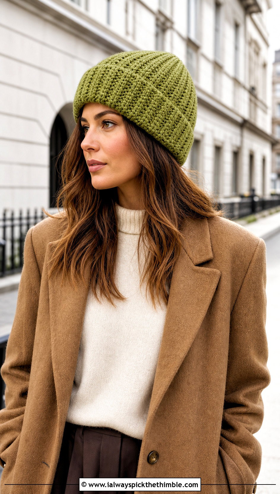 Cuffed Crochet Rectangle Beanie With Wool Coat - 20 Crochet Rectangle Hat outfit ideas