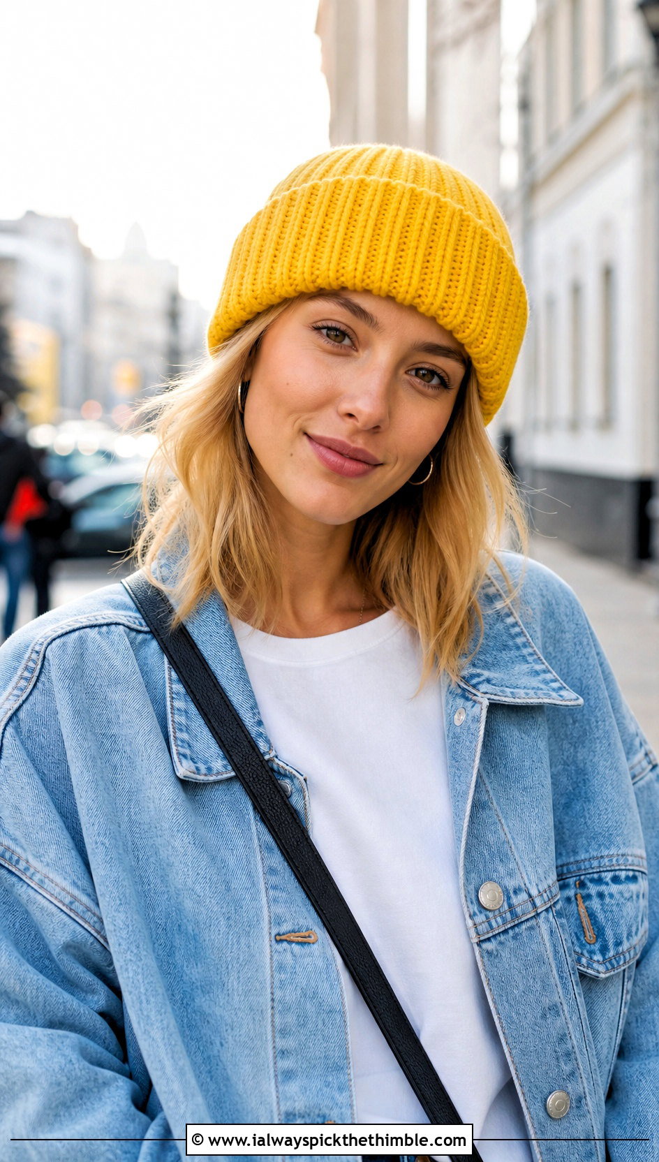 Cuffed Crochet Ribbed Beanie With Denim Jacket - 20 easy crochet ribbed beanie outfit ideas