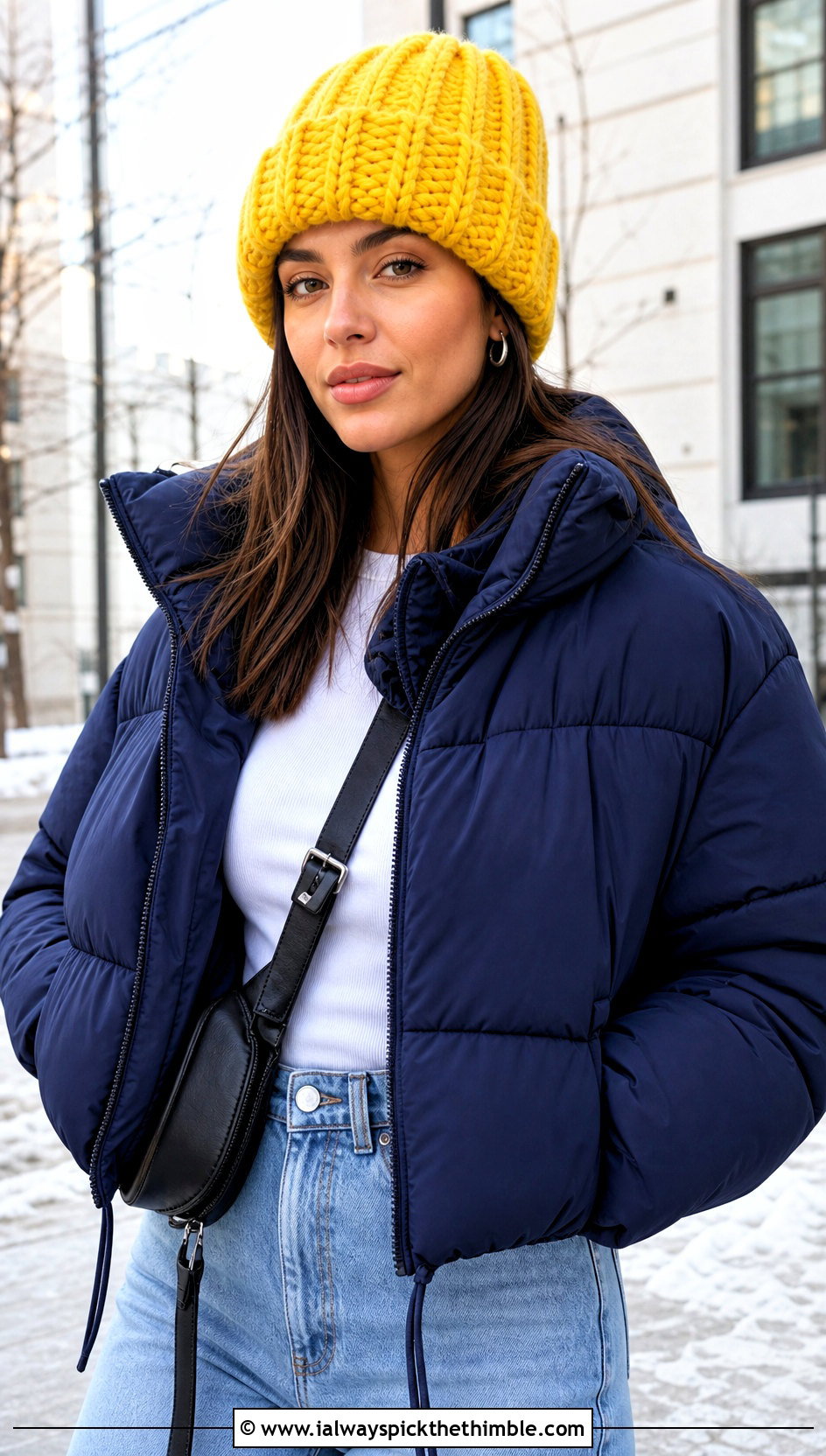 Cuffed Crochet Ribbed Beanie With Puffer Jacket - 25 crochet ribbed beanie outfit ideas