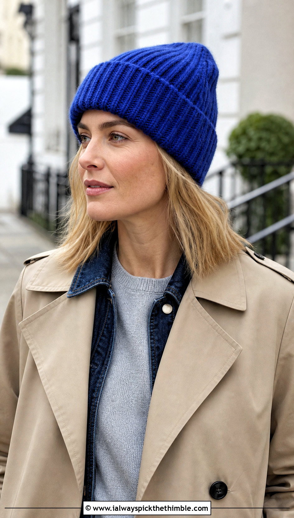 Cuffed Crochet Ribbed Hat With Trench Coat And Dark Jeans - 20 Easy Crochet Ribbed Hat outfit ideas