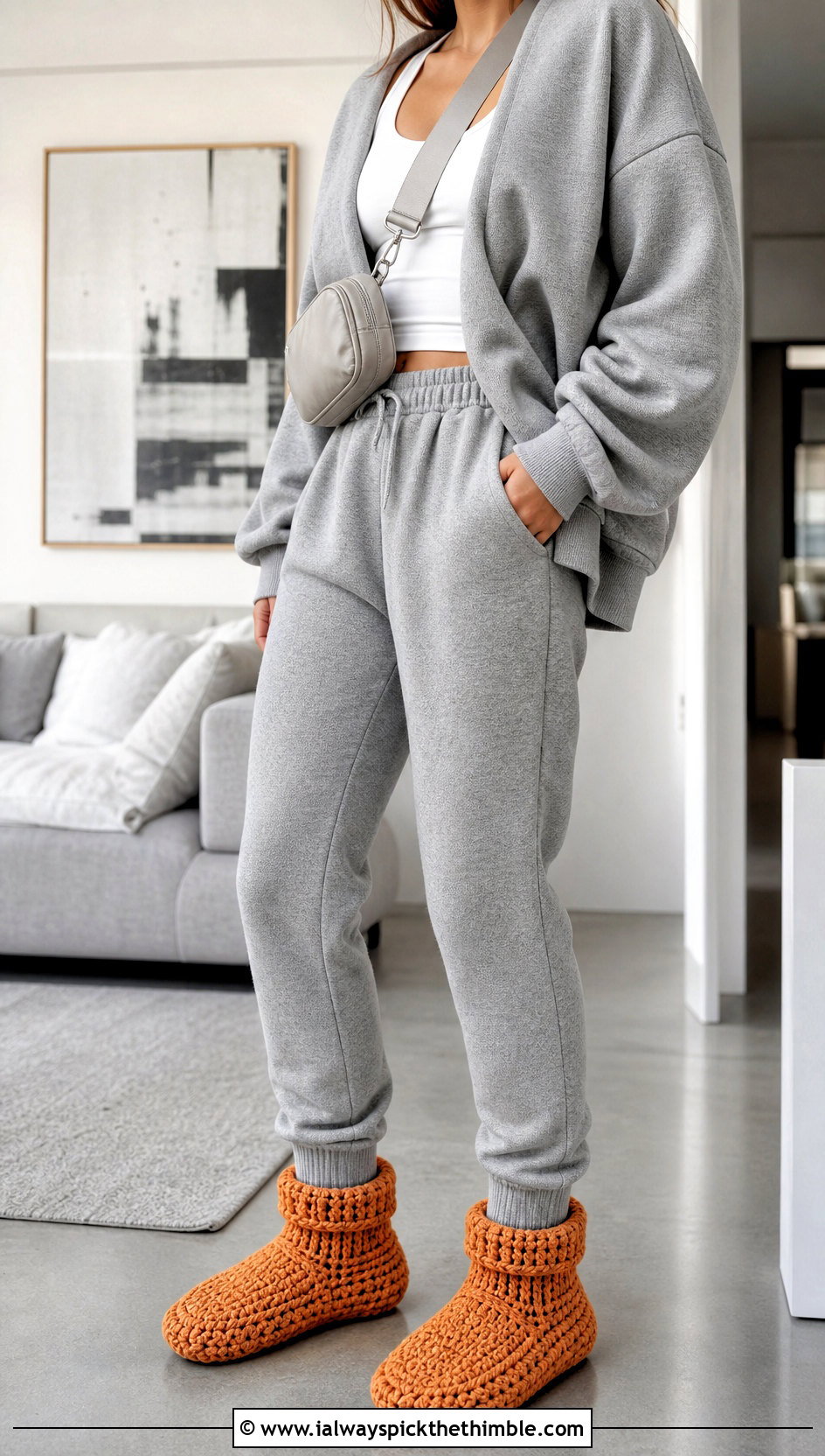Cuffed Crochet Slippers With Joggers And Sweatshirt - 25 easy crochet slippers outfit ideas