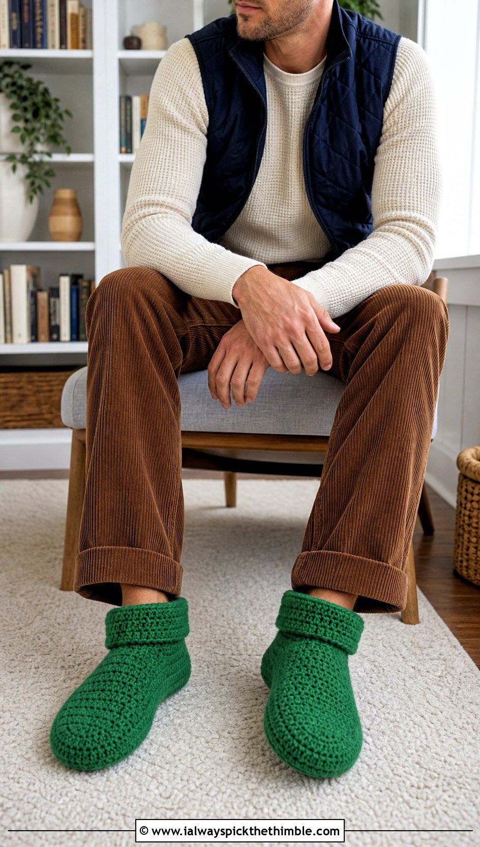 Cuffed Crochet Slippers With Thermal Shirt And Corduroy Pants - 20 easy mens crochet slippers outfit ideas