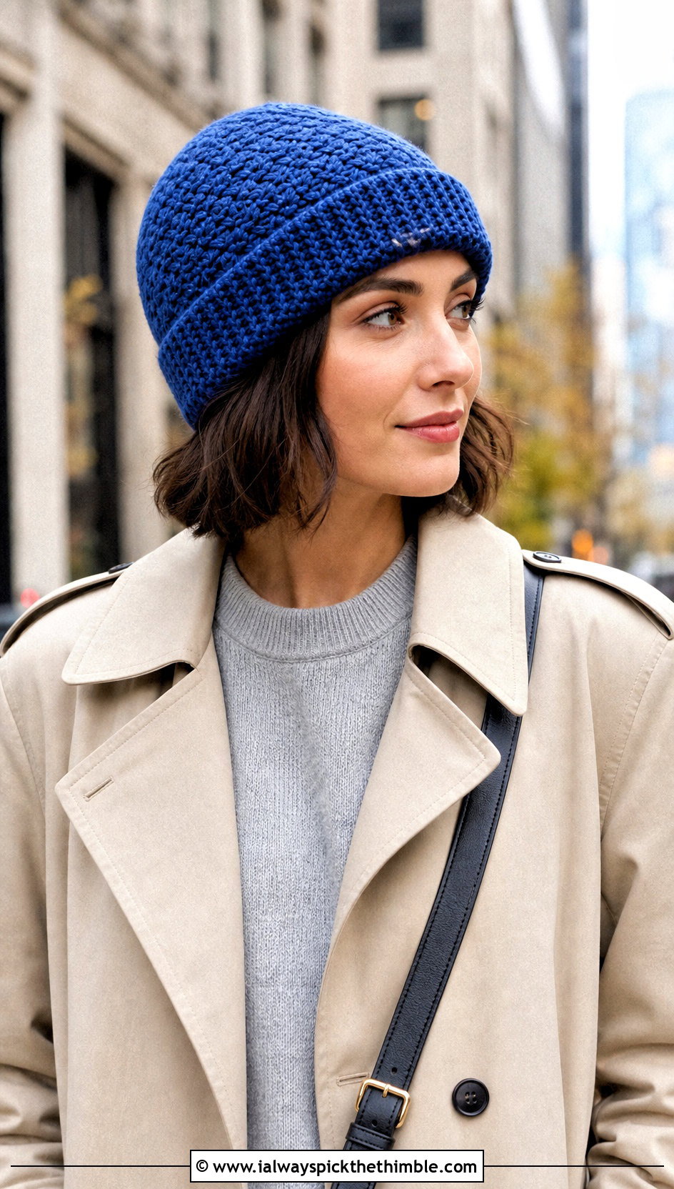 Cuffed Crossed Half Double Crochet Beanie With Trench Coat - 15 crossed half double crochet hat outfit ideas