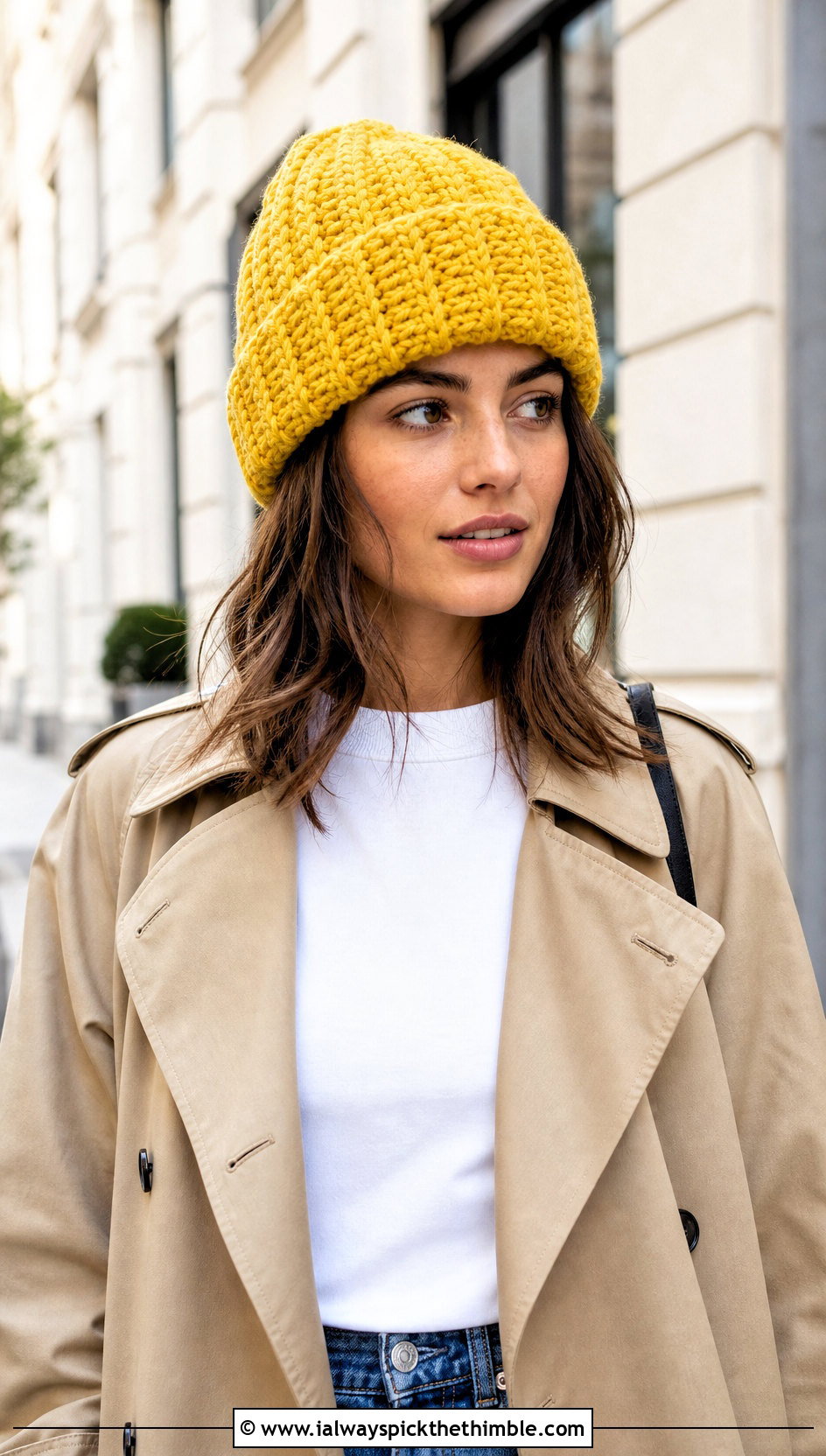 Cuffed Double Crochet Beanie With Trench Coat And Jeans - 20 double crochet hat outfit ideas