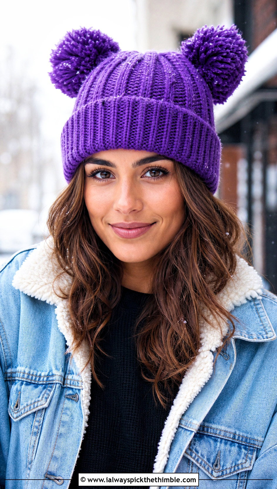 Cuffed Double Pom Pom Crochet Beanie With Denim Jacket - 20 Crochet Double Pom Pom Hat outfit ideas