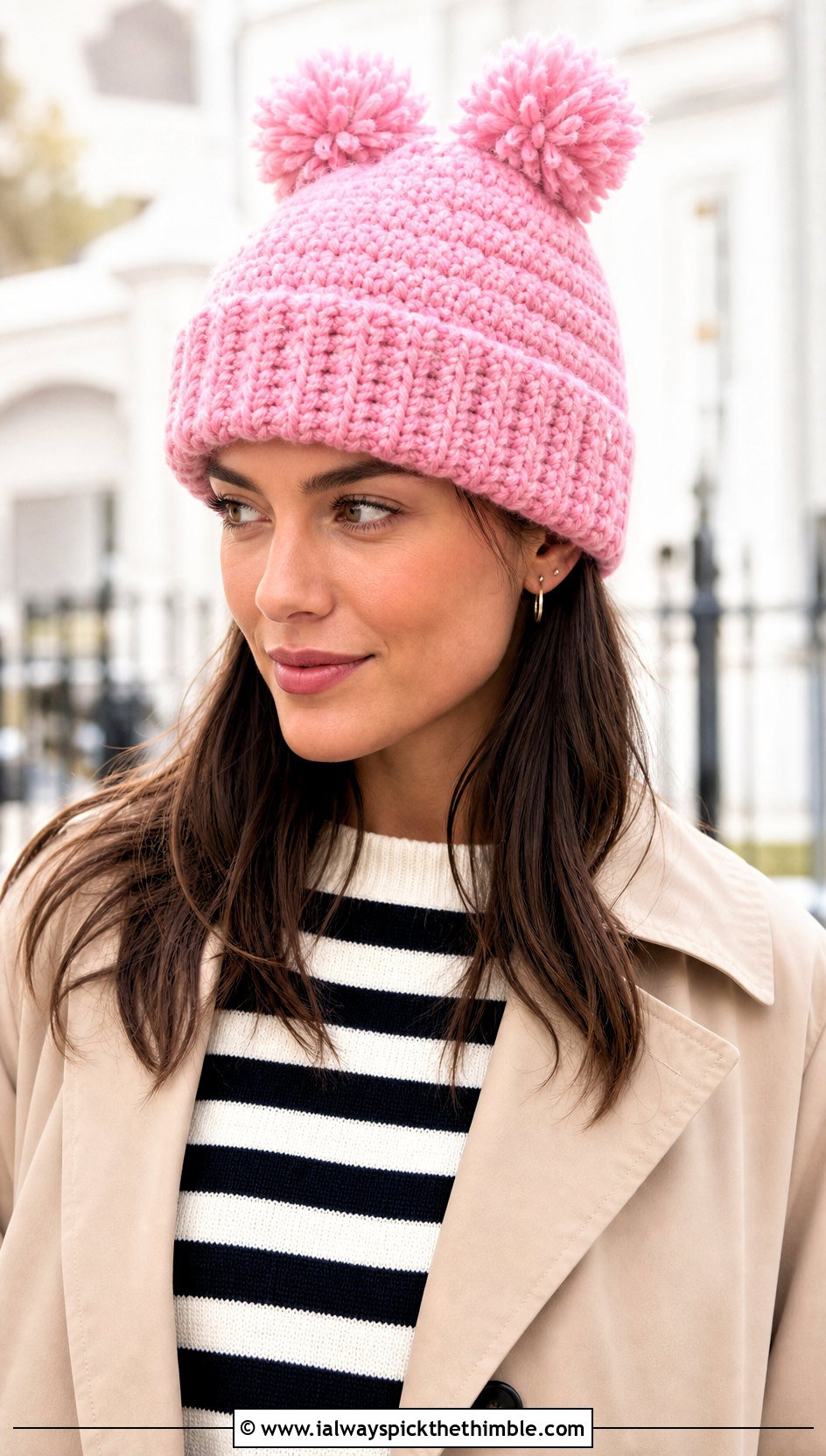 Cuffed Double Pompom Crochet Beanie With Trench Coat - 20 Double Pompom Crochet Hat outfit ideas