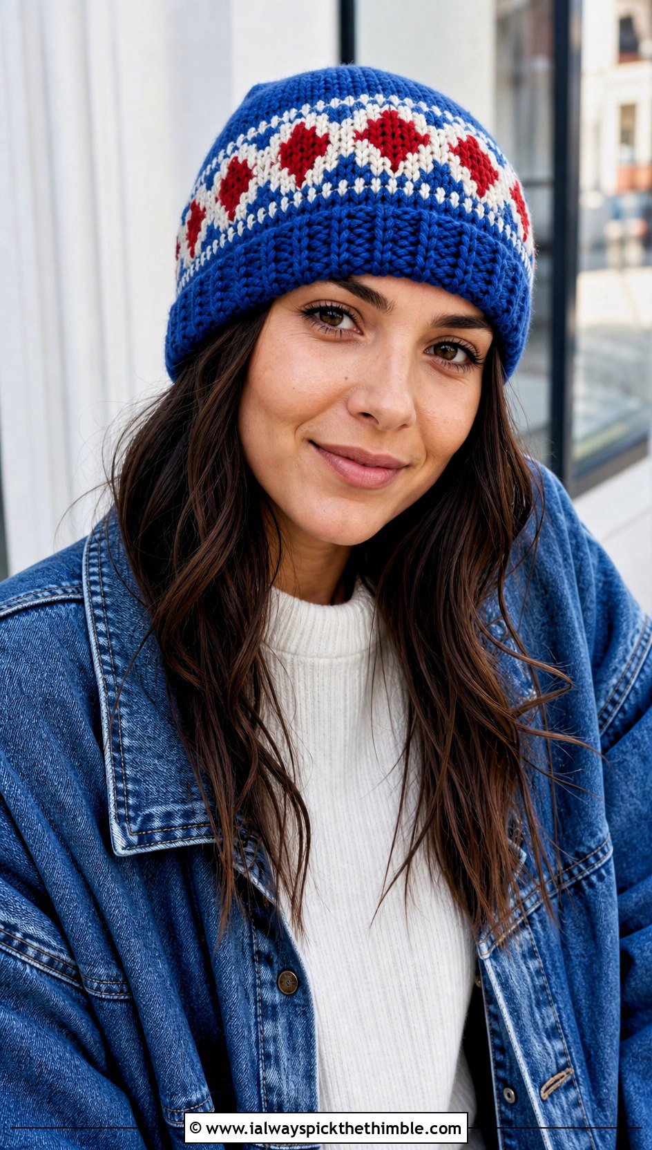 Cuffed Fair Isle Crochet Beanie With Denim Jacket - 20 fair isle crochet hat outfit ideas