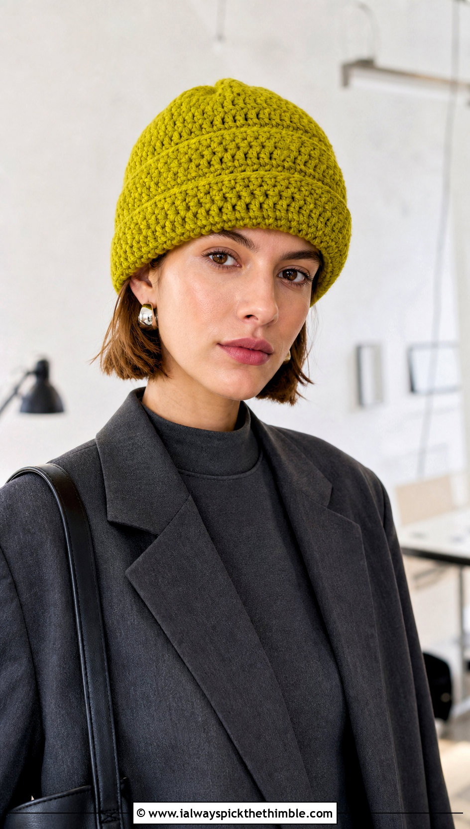 Cuffed Fisherman Double Layer Crochet Beanie With Workwear Suit - 15 Double Layer Crochet Hat outfit ideas