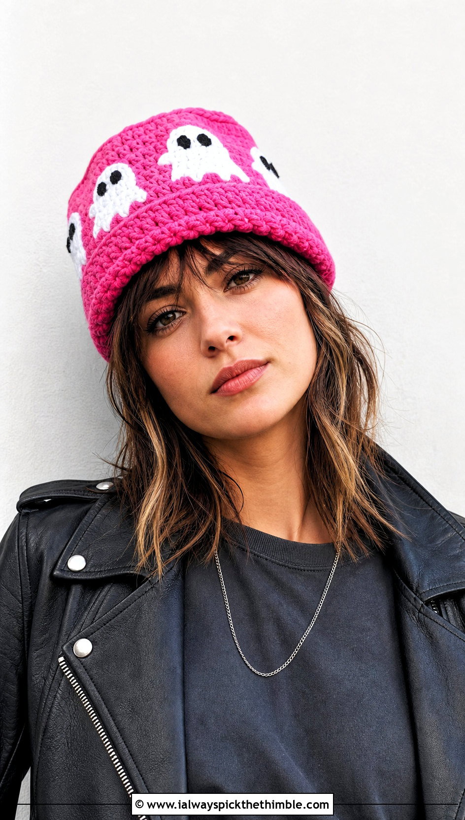 Cuffed Ghost Crochet Beanie With Leather Jacket - 20 Ghost Crochet Hat outfit ideas