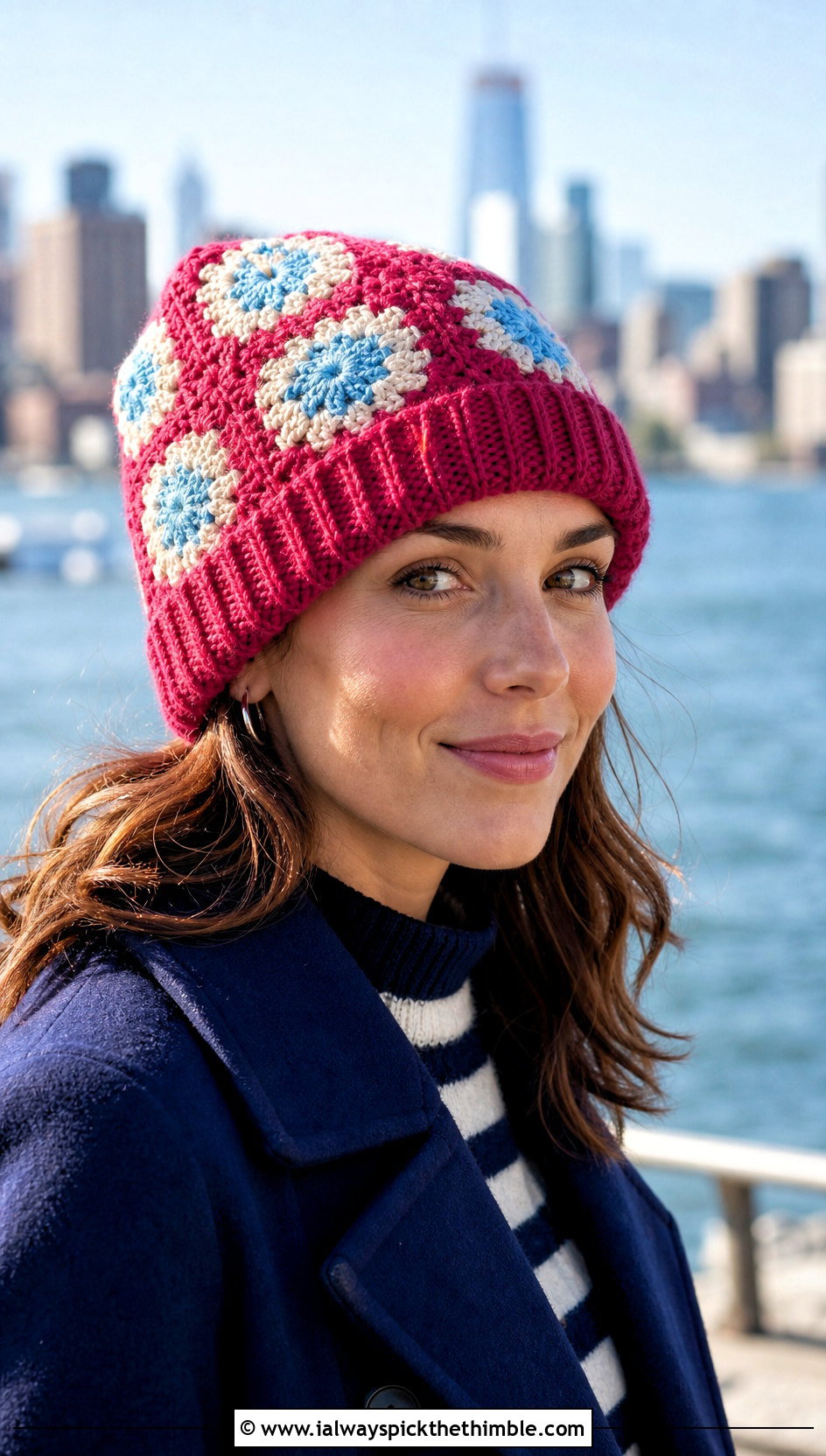 Cuffed Granny Square Beanie With Peacoat - 25 crochet granny square beanie outfit ideas