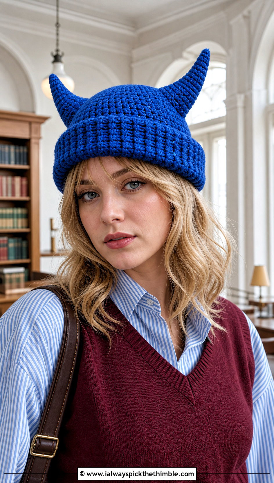 Cuffed Horned Crochet Beanie With Sweater Vest - 20 Crochet Horned Beanie outfit ideas