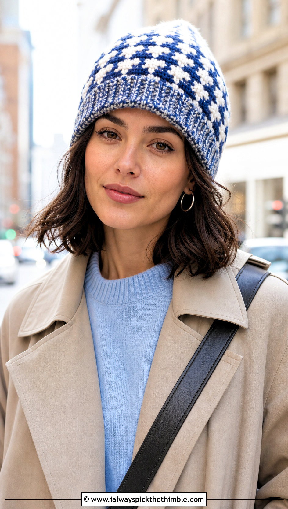 Cuffed Houndstooth Crochet Beanie With Trench Coat - 15 houndstooth crochet hat outfit ideas
