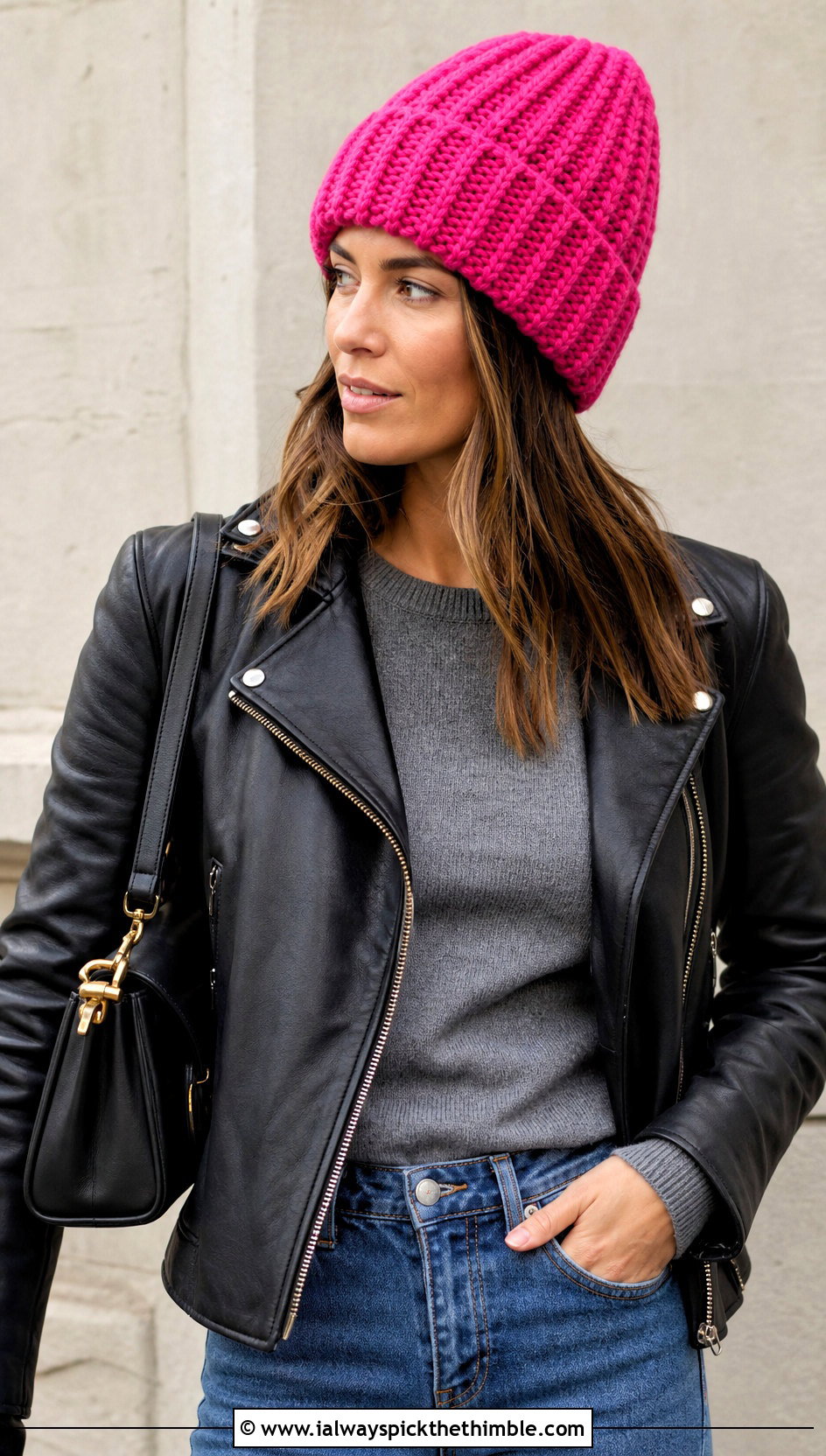Cuffed Knit Look Crochet Beanie With Leather Jacket - 20 Knit Look Crochet Hat outfit ideas