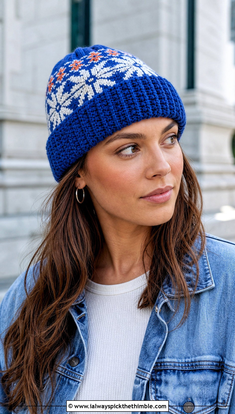 Cuffed Nordic Fair Isle Beanie With Denim Jacket - 20 Crochet Fair Isle Beanie outfit ideas