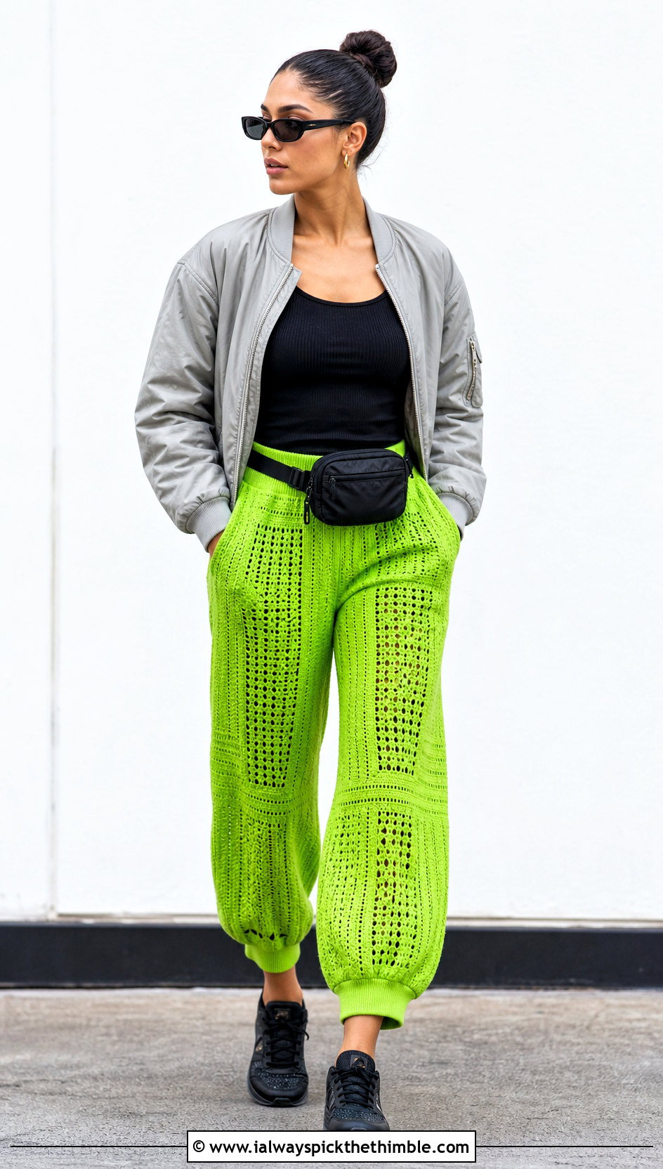 Cuffed Octagon Pants With Cropped Bomber Jacket - 15 Crochet Octagon Pants outfit ideas