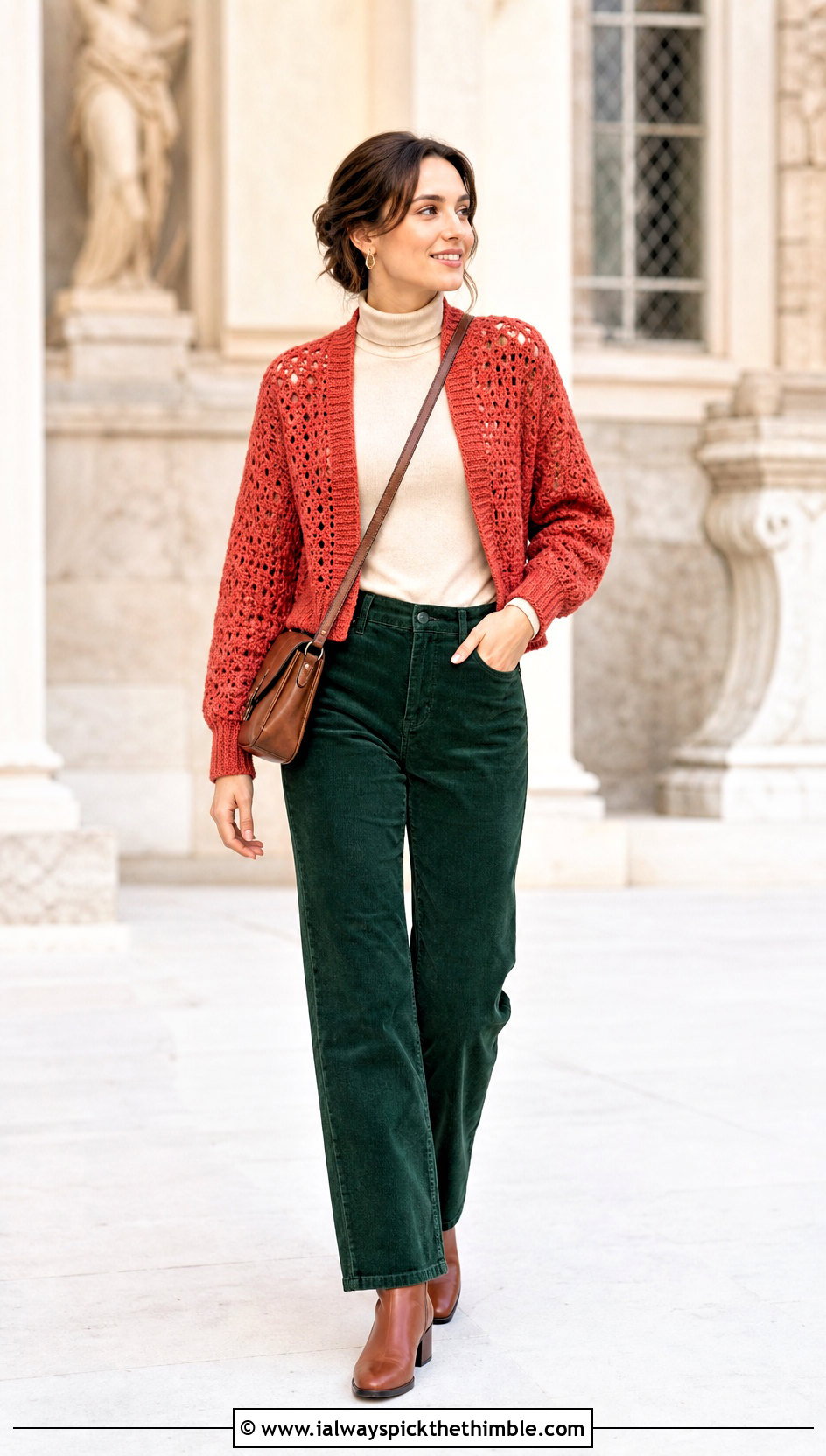 Cuffed Openwork Crochet Shrug With Corduroy Pants - 25 crochet lace shrug outfit ideas