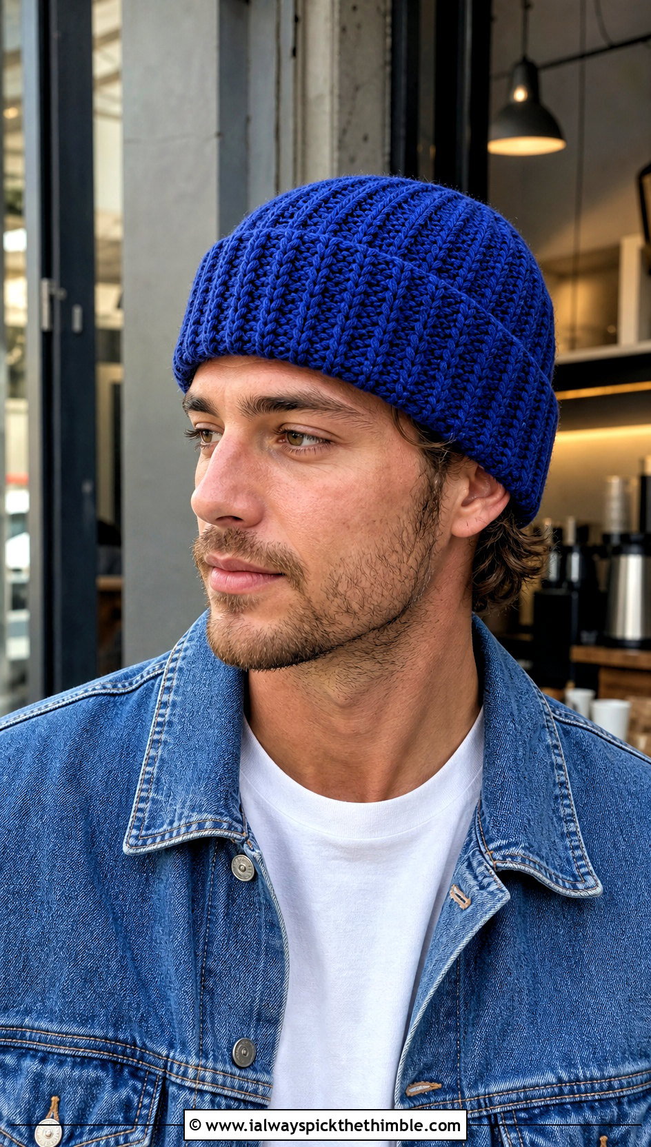 Cuffed Ribbed Crochet Beanie With Denim Jacket - 25 crochet beanie for men outfit ideas