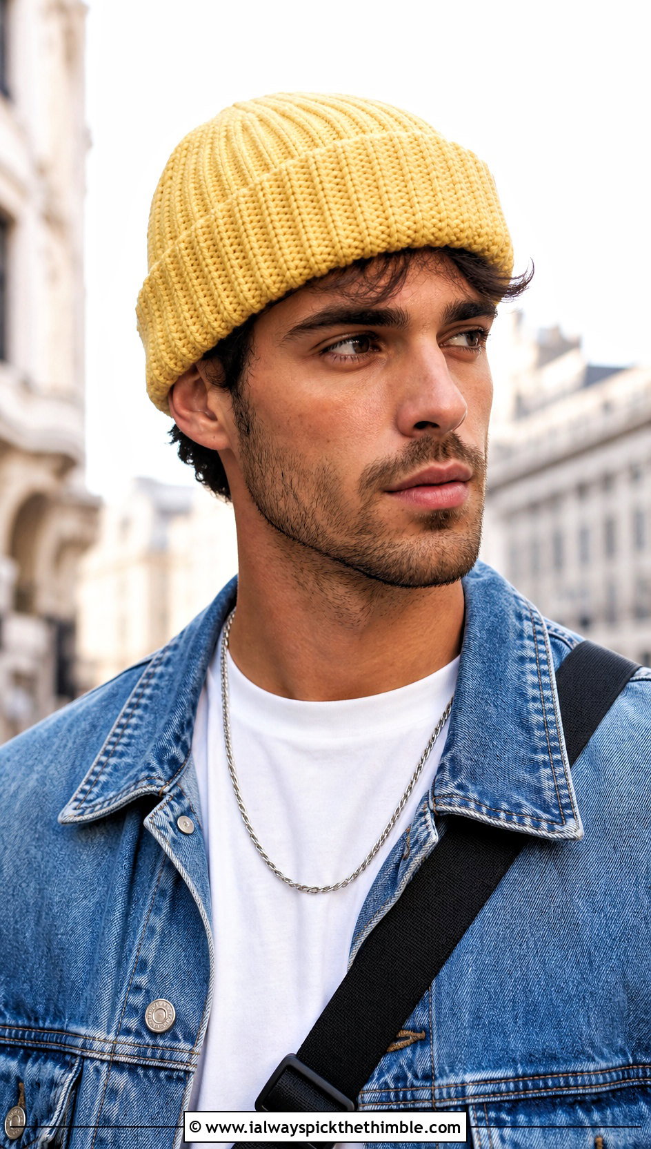 Cuffed Ribbed Crochet Beanie With Denim Jacket - 20 crochet for men's beanies outfit ideas