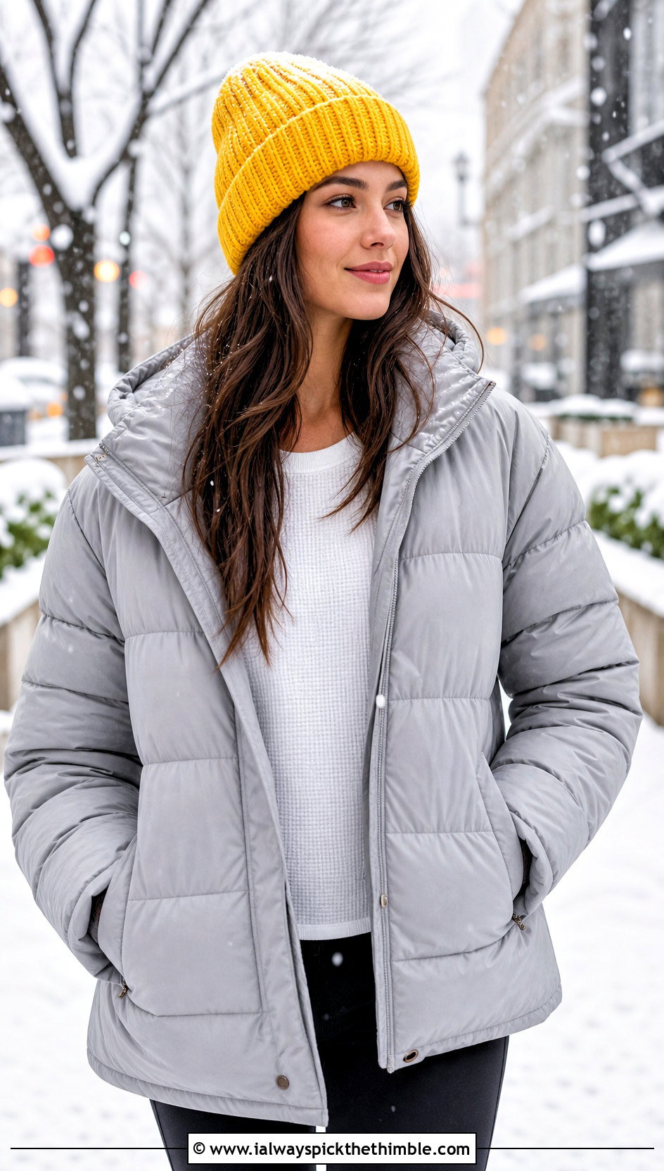 Cuffed Ribbed Crochet Beanie With Puffer Jacket And Leggings - 20 winter crochet hat for women outfit ideas