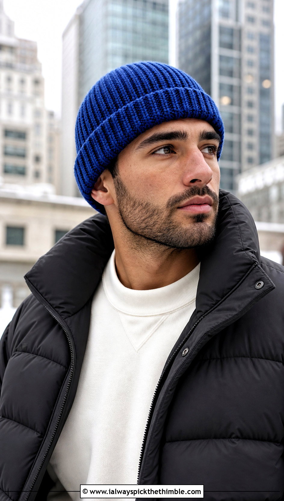 Cuffed Ribbed Crochet Beanie With Puffer Jacket - 20 crochet man beanie outfit ideas