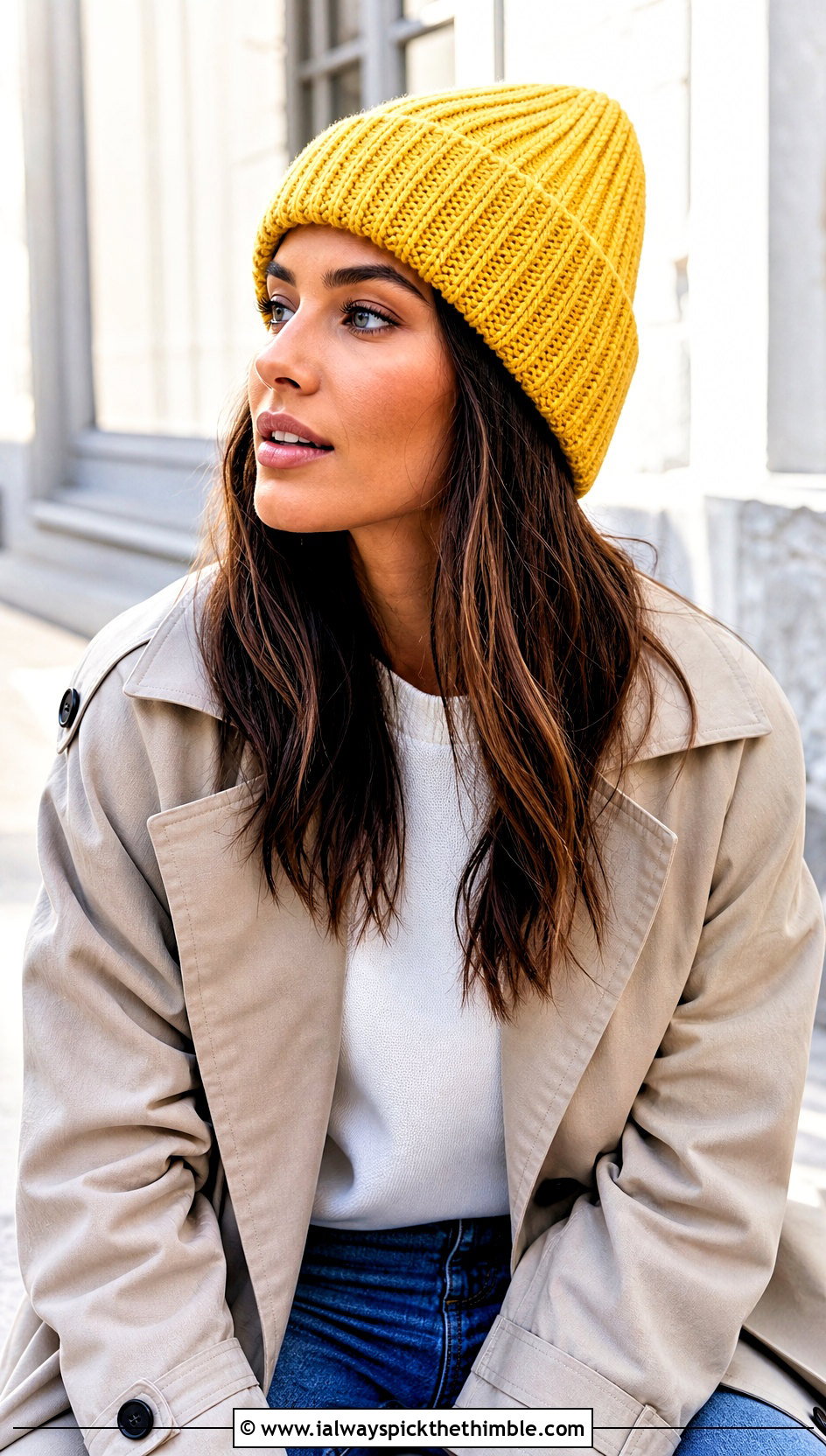 Cuffed Ribbed Crochet Beanie With Trench Coat - 25 ribbed crochet hat outfit ideas