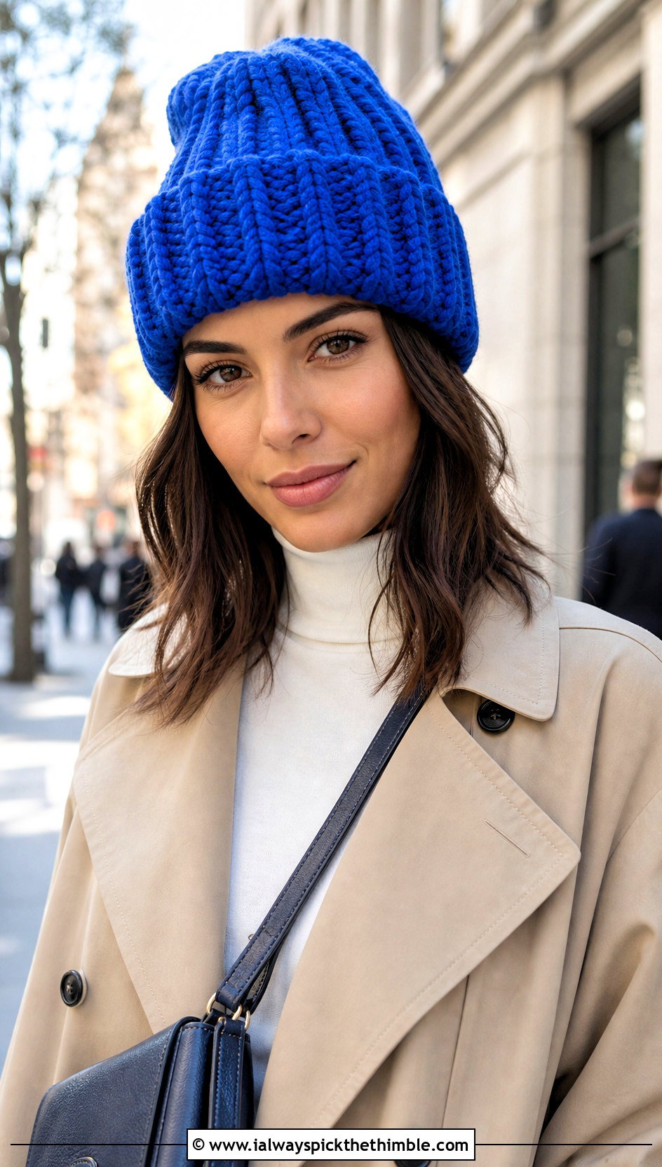 Cuffed Ribbed Crochet Chunky Beanie With Trench Coat And Jeans - 25 crochet chunky beanie outfit ideas