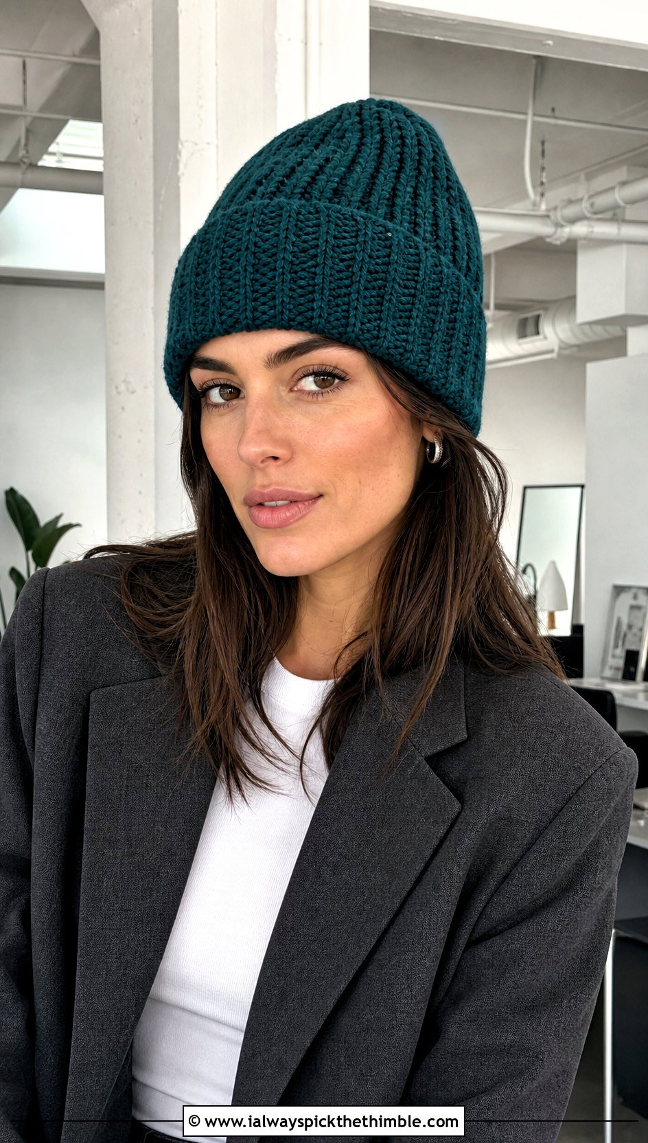 Cuffed Ribbed Crochet Stocking Hat With Blazer And Jeans - 20 easy crochet stocking hat outfit ideas