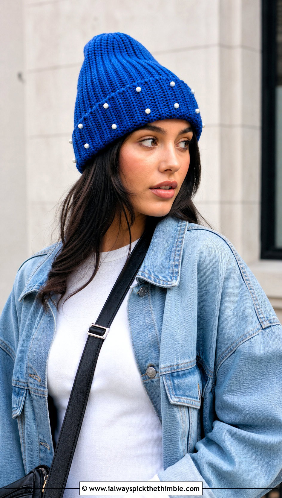 Cuffed Ribbed Pearl Crochet Beanie With Denim Jacket - 15 Pearl Crochet Beanie outfit ideas