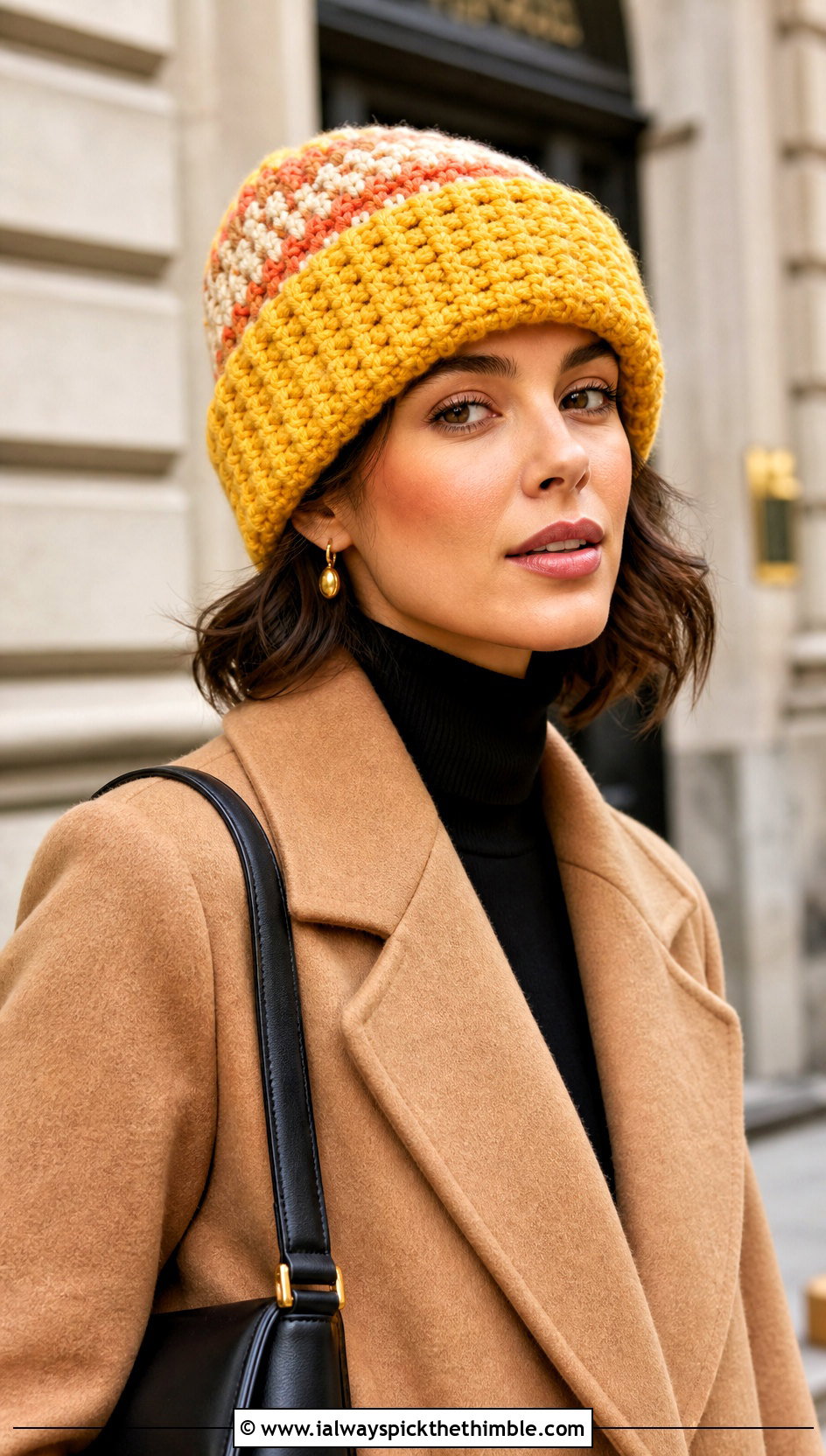 Cuffed Scrap Yarn Crochet Beanie With Wool Coat - 20 scrap yarn crochet beanie outfit ideas