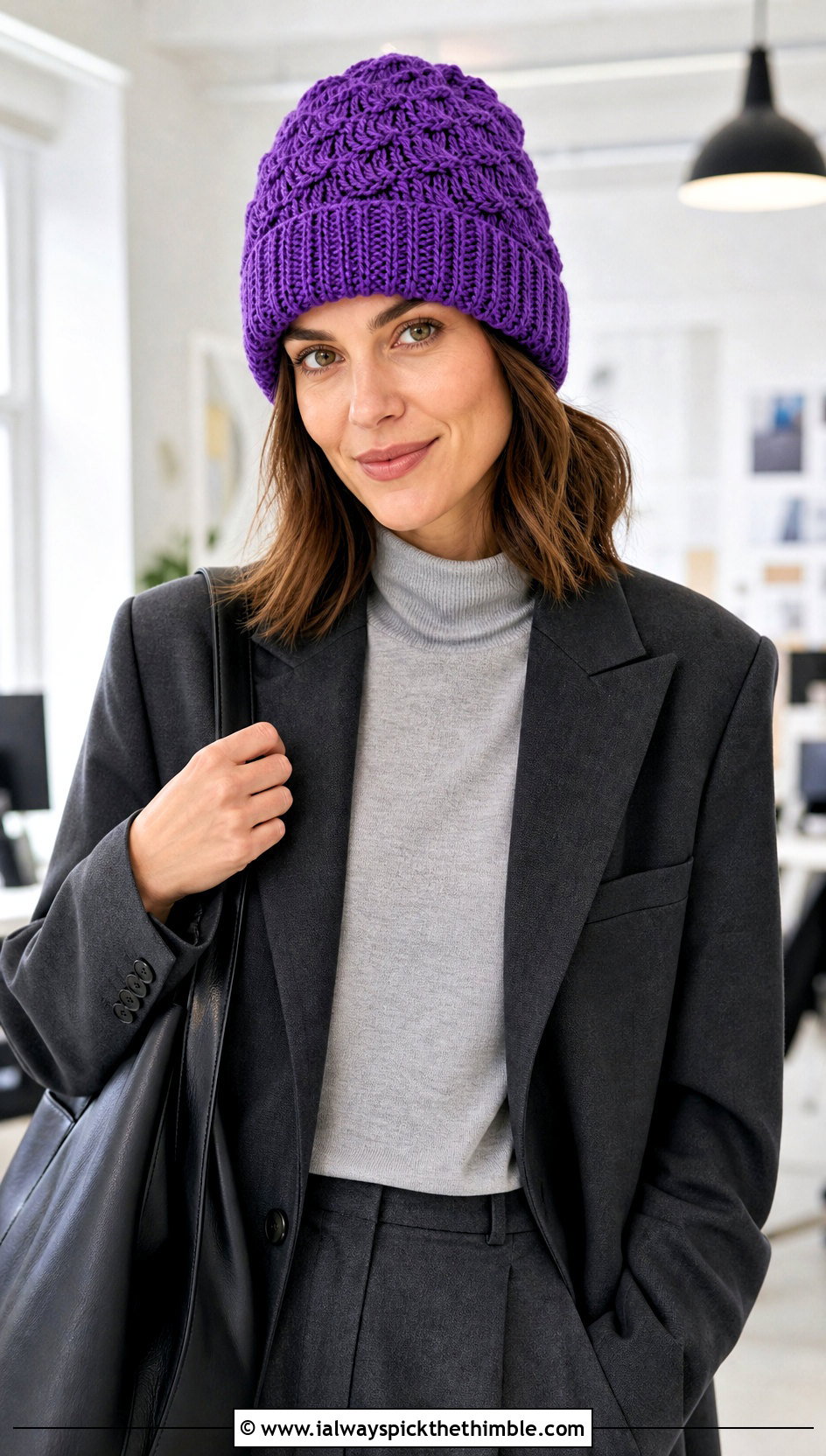 Cuffed Shell Stitch Beanie With Blazer And Trousers - 20 shell crochet beanie outfit ideas