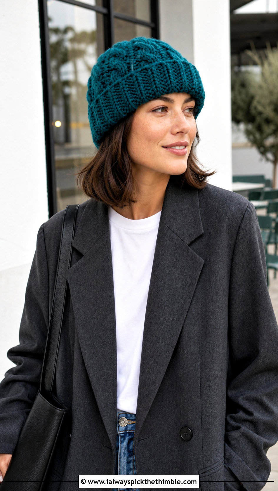 Cuffed Short Row Beanie With Blazer And Jeans - 20 Crochet Short Row Beanie outfit ideas