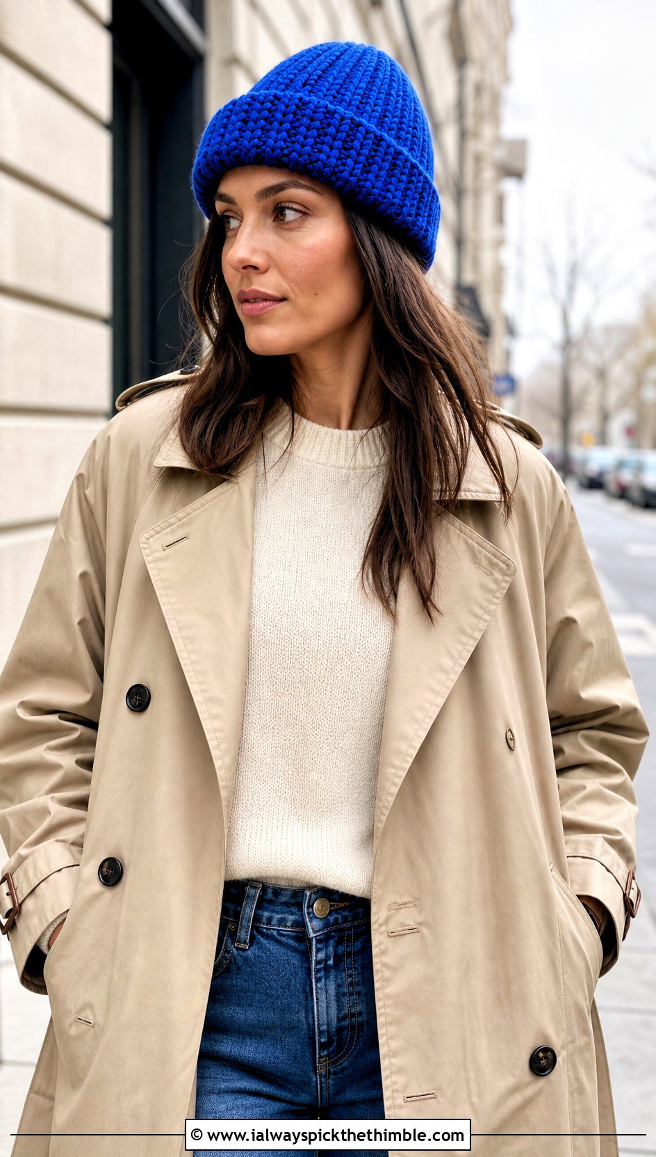 Cuffed Short Row Crochet Beanie With Trench Coat - 20 short row crochet hat outfit ideas