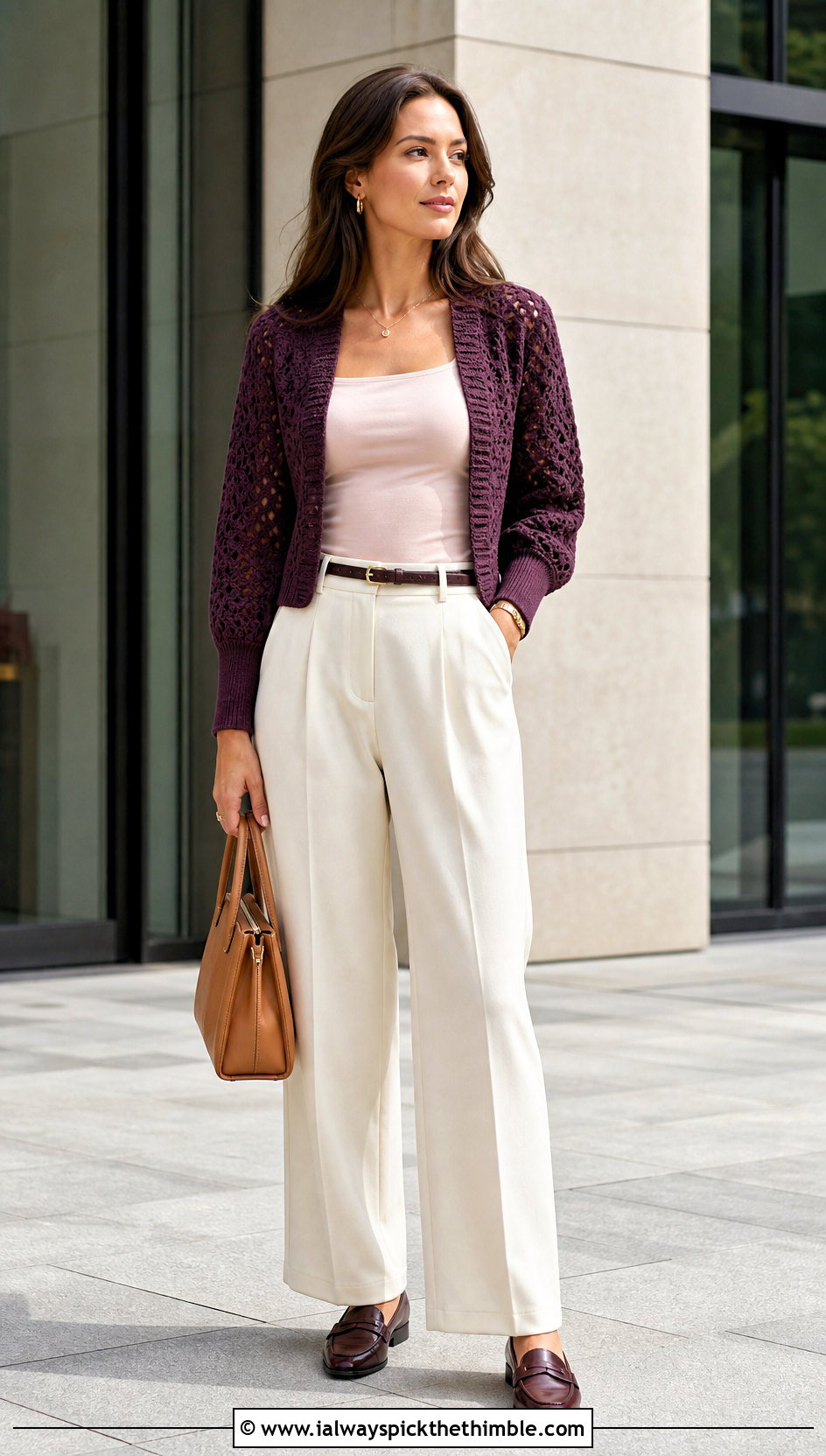 Cuffed Sleeve Crochet Bolero With Pleated Trousers - 15 crochet spring summer bolero outfit ideas