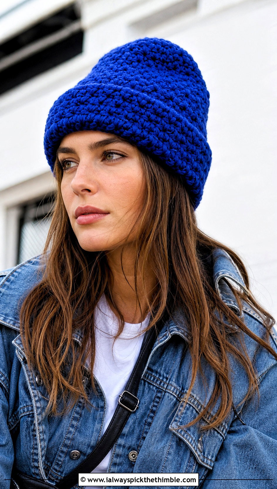 Cuffed Star Stitch Crochet Beanie With Denim Jacket - 20 Star Stitch Crochet Beanie outfit ideas