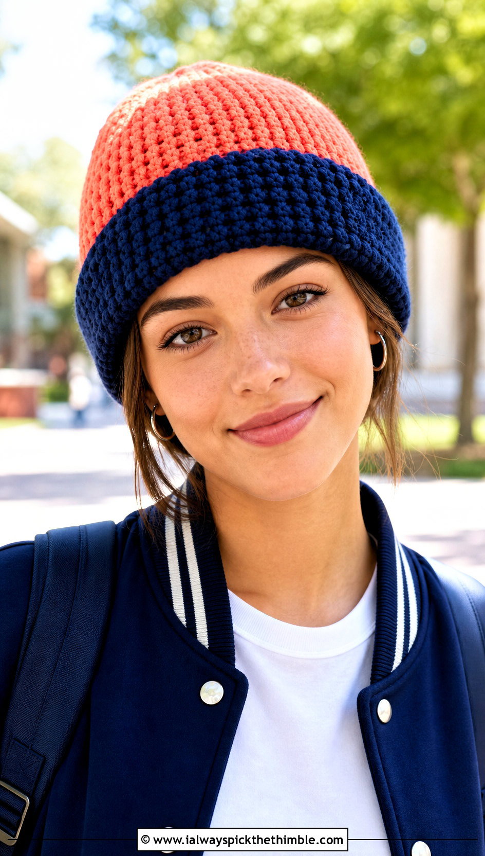 Cuffed Two Color Crochet Beanie With Varsity Jacket - 20 two color crochet beanie outfit ideas